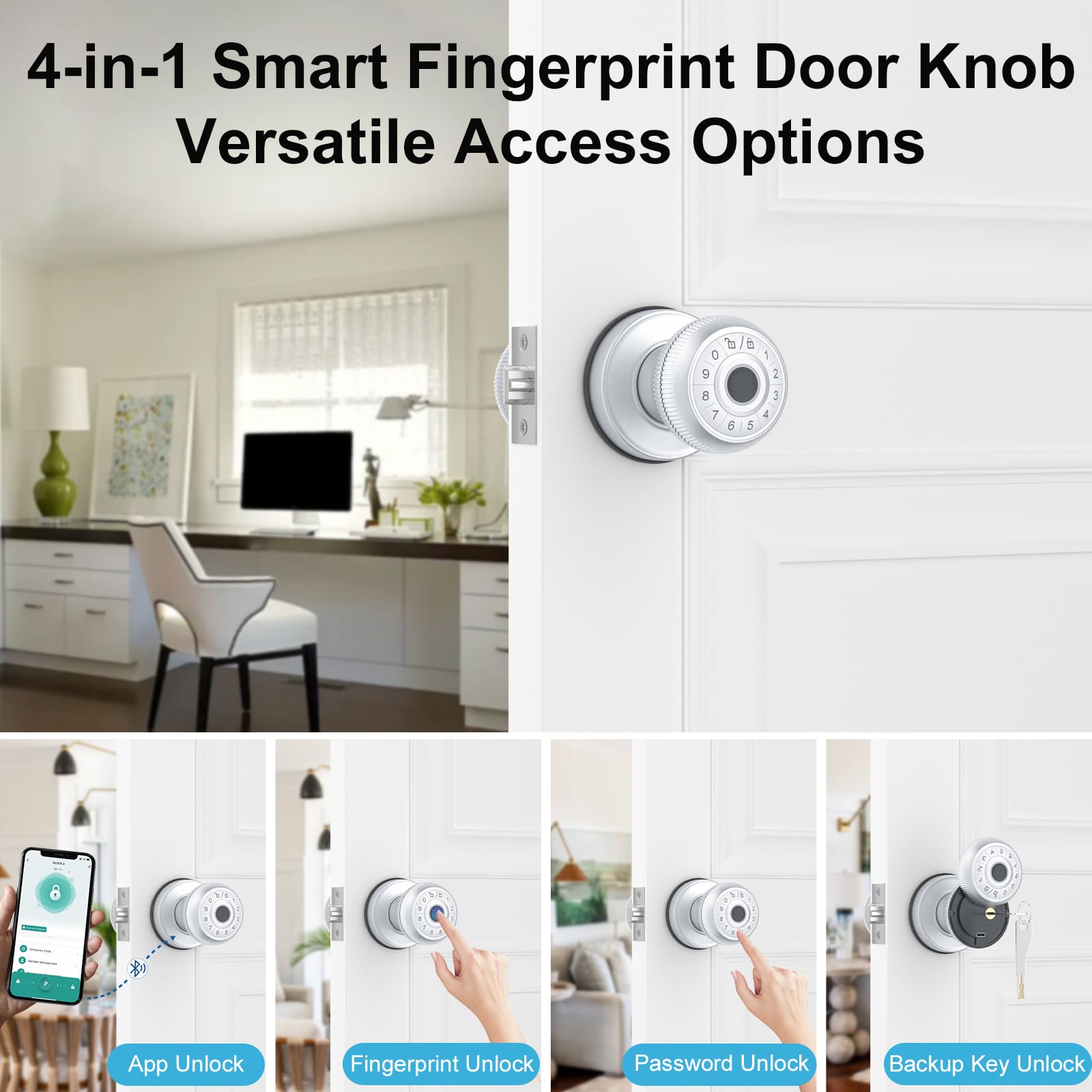4-in-1 Smart Door Knob with Fingerprint, Keypad & App Control - Auto Lock & Privacy Mode - Secure Entry for Homes, Offices & Garages (Silver, 1 Pack) - Perfect for Smart Home Security & Keyless Access