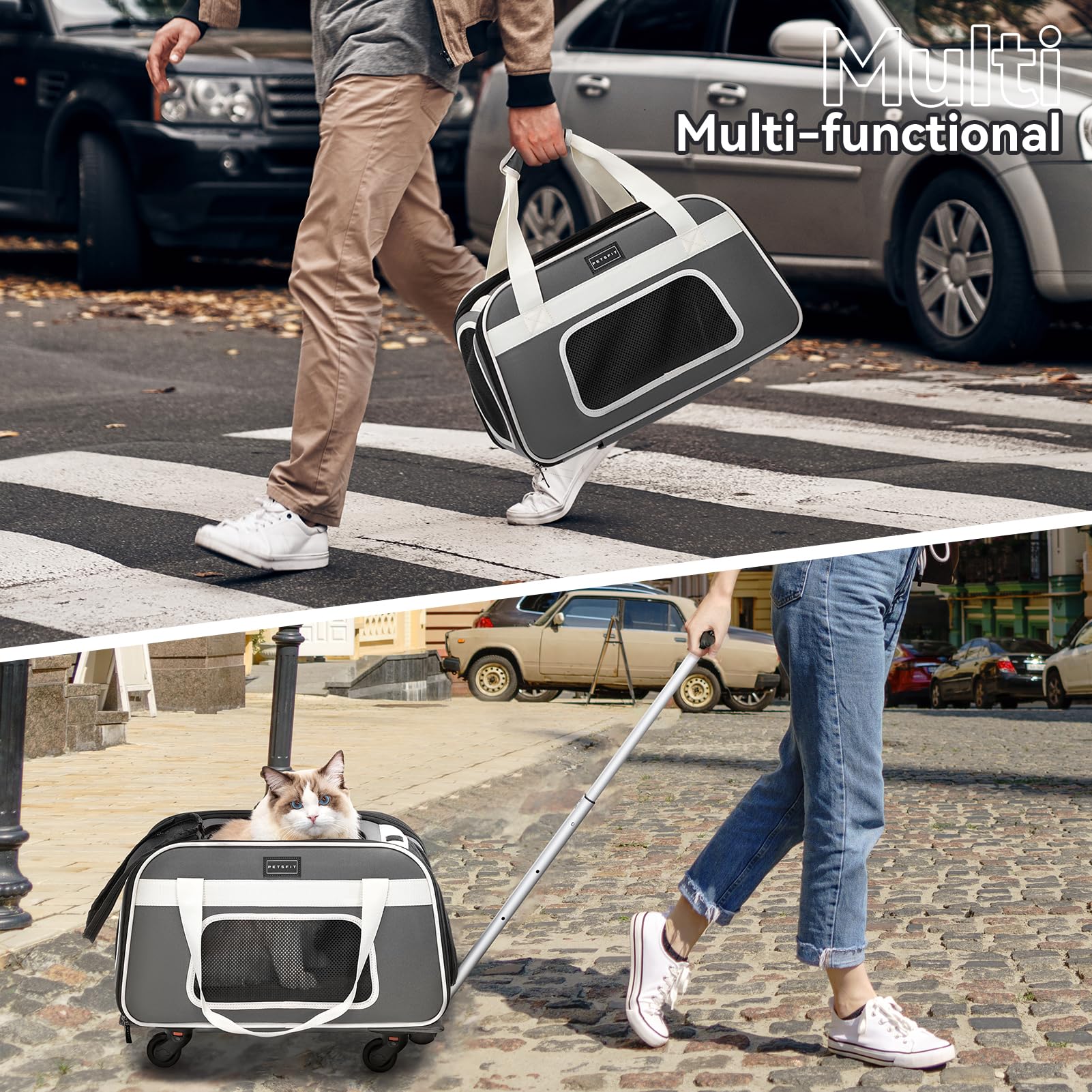 Petsfit Airline Approved Cat Carrier with Wheels - Travel Pet Carrier for Small Dogs & Cats, Adjustable Safety Rope & Removable Wheels - Perfect for Air Travel, Vet Visits & Road Trips