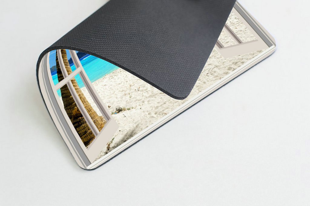 Custom Smooffly Gaming Mouse Pad - Tropical Island Beach with Palm Trees & White Wooden Windows Design, Non-Slip Rubber Base - Perfect for PC Gaming, Office Work & Home Computer Use