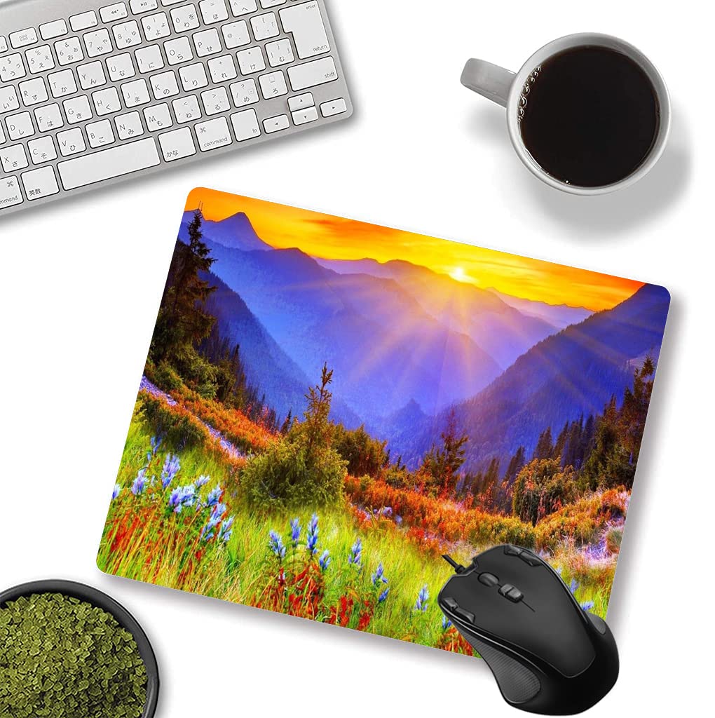 Custom Gaming Mouse Pad - Large Rectangular Non-Slip Rubber Base with Nature Purple Flower Meadow Mountain Design | Perfect for PC, Laptop, Office & Gaming Setup