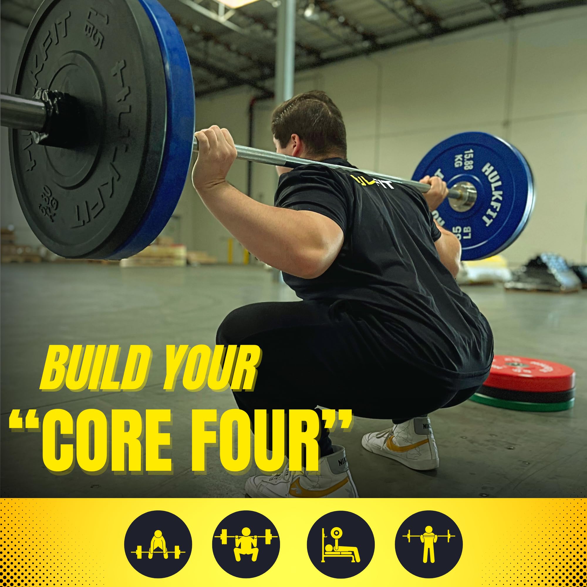 HulkFit 2-Inch Olympic Bumper Plates - Shock Absorbing Low Bounce Weight Plates for CrossFit, Powerlifting & Strength Training - Black & Multicolor - Perfect for Home Gyms & Commercial Fitness Centers