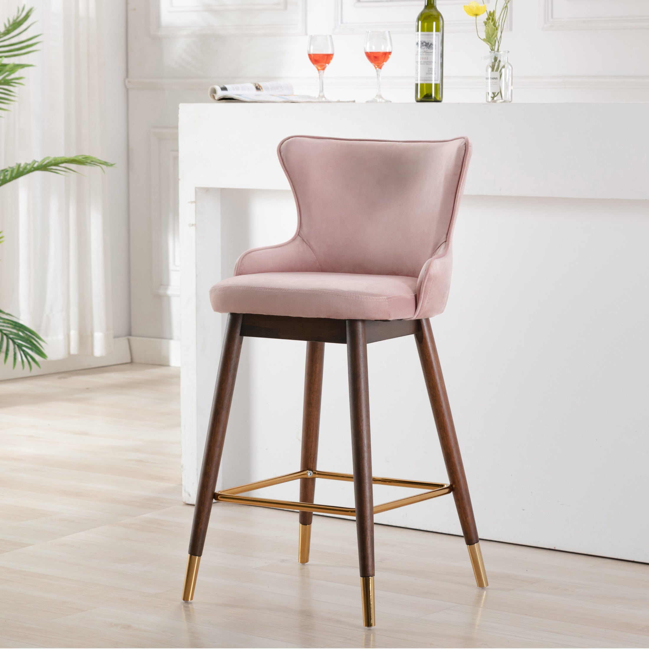 Roundhill Furniture Leland Fabric Upholstered Wingback Bar Stools - Pink Set of 2, Comfortable Kitchen Island Stools for Dining Room, Bar Counter & Home Decor