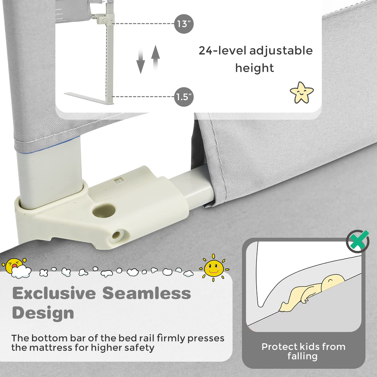 HONEY JOY 57-inch Extra Long Toddler Bed Rail - Portable Safety Guardrail with Side Pocket for Baby & Kids - Fits King, Queen, Full & Twin Size Mattresses (Gray) - Perfect for Travel, Home & Daycare Use