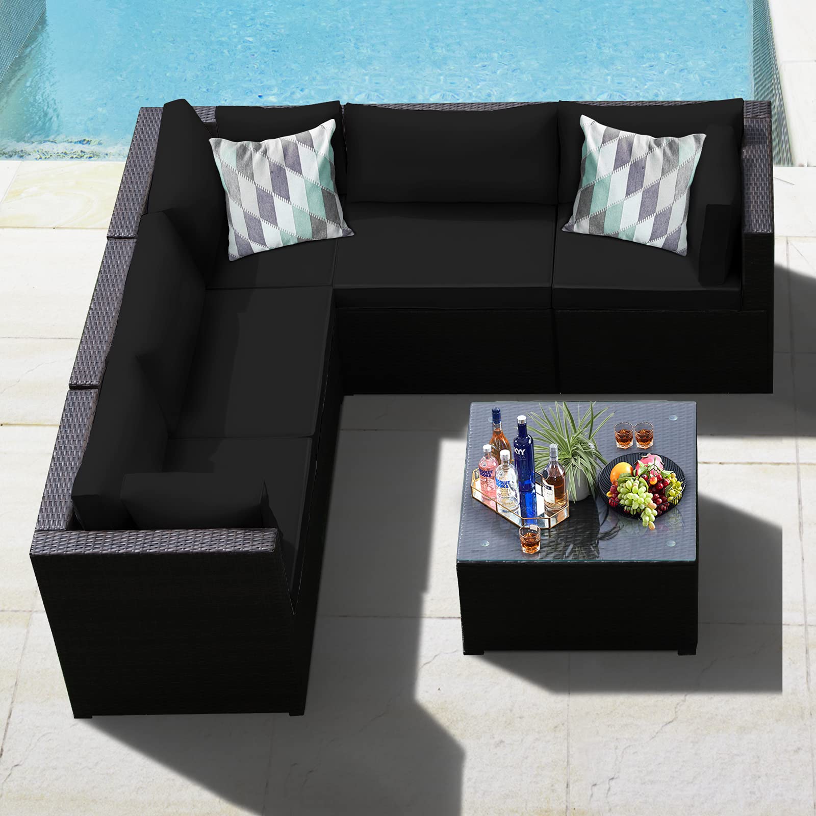 Tangkula 6-Piece Outdoor Patio Furniture Set - All-Weather Wicker Rattan Sectional Sofa with Tempered Glass Coffee Table & Cushions - Perfect for Backyard, Garden, Balcony, Poolside Relaxation (Black) | Ideal for Outdoor Entertaining, Lounging, and Family Gatherings