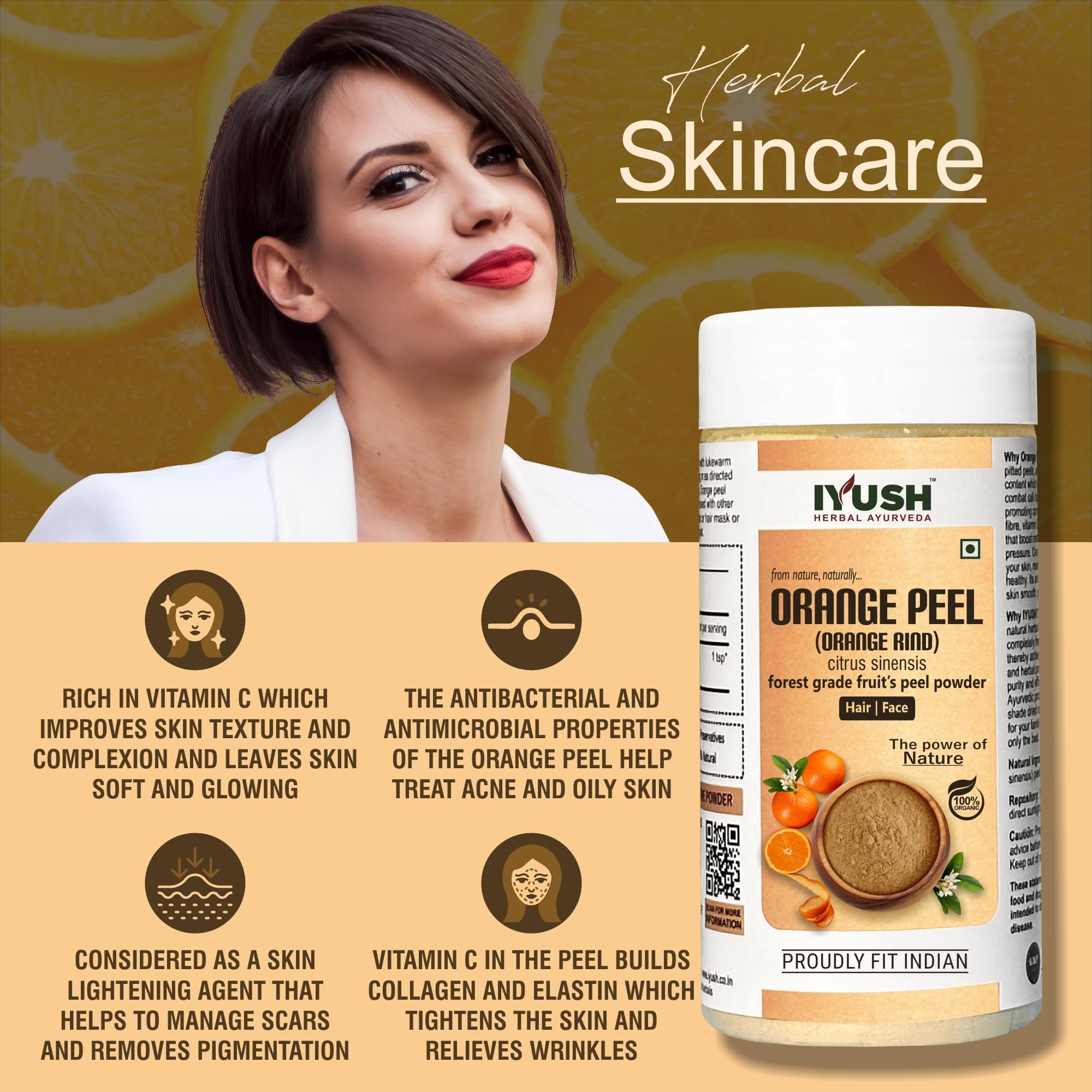 IYUSH Organic Orange Peel Powder for Skin Brightening & Tan Removal – 250g | Ayurvedic Face Pack for Glowing Skin | Natural D-Tan Treatment | Perfect for Daily Skincare & Spa Treatments