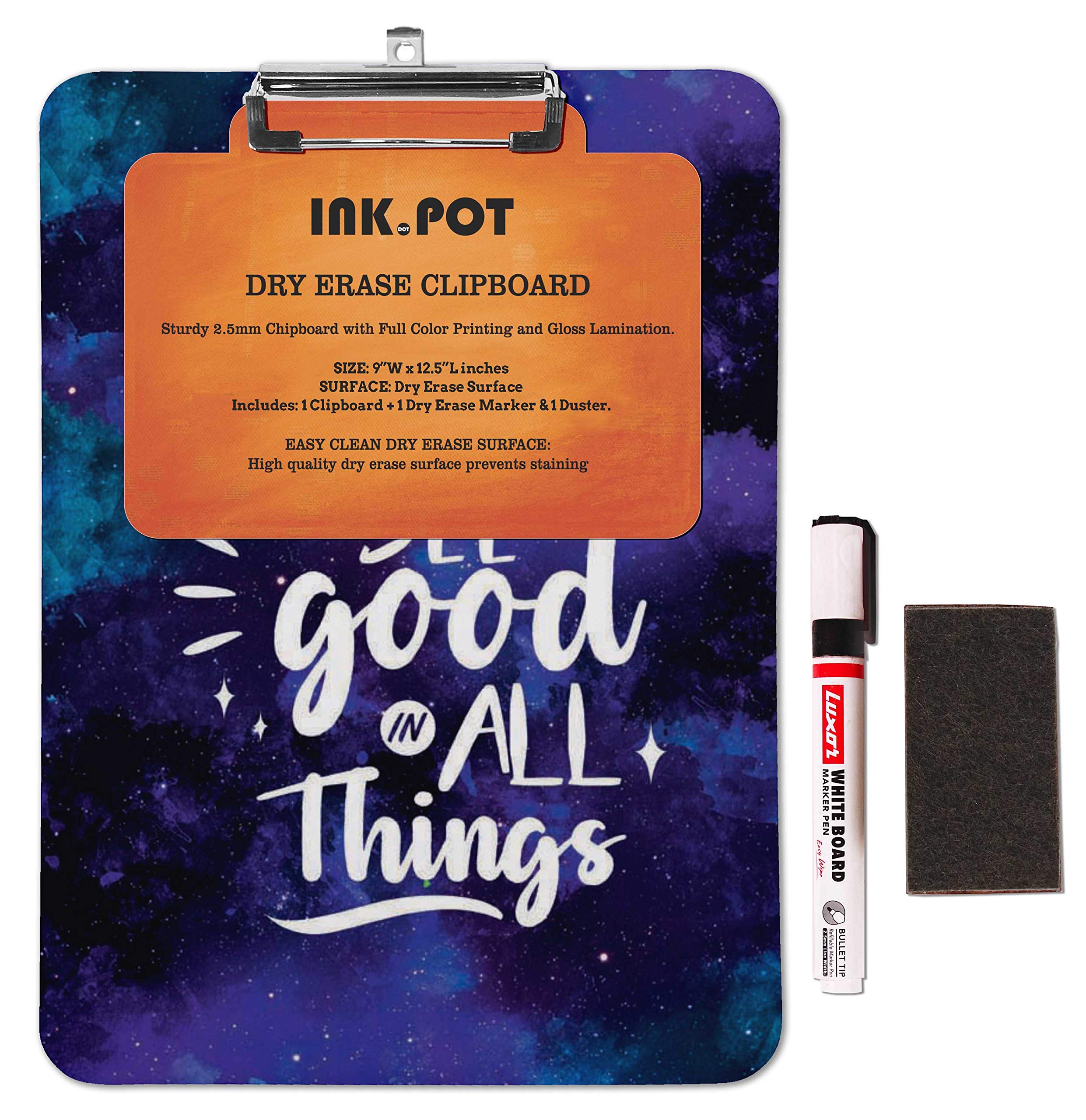 Double Sided Dry Erase Clipboard 9x15 - Free Marker & Duster for Office & School