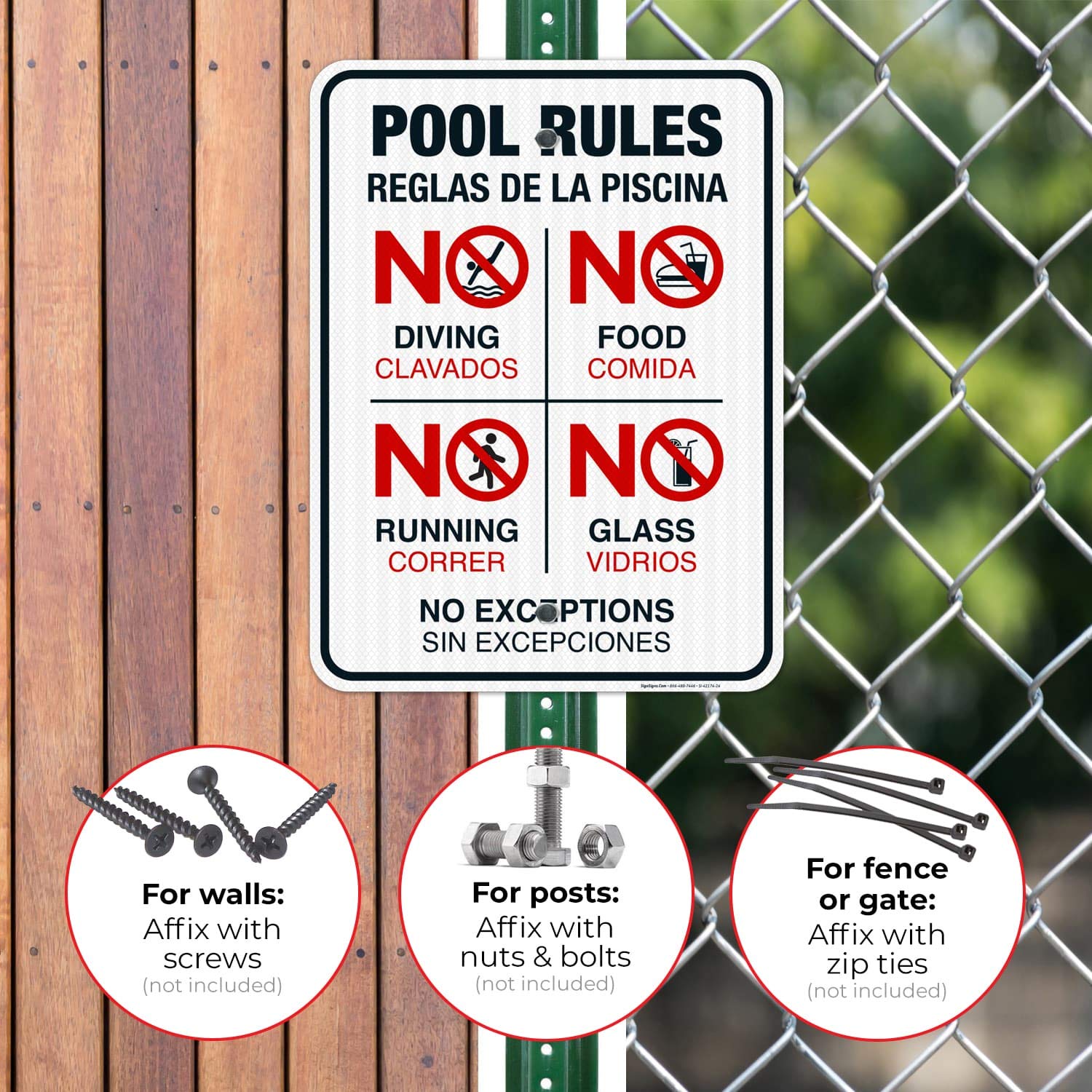 Bilingual Pool Rules Sign - No Diving, No Running, No Food, No Glass | 18x24 Inches | 3M EGP Reflective .080 Aluminum | Fade Resistant | Indoor/Outdoor Use | Made in USA | Perfect for Public Pools, Water Parks & Backyard Swimming Areas