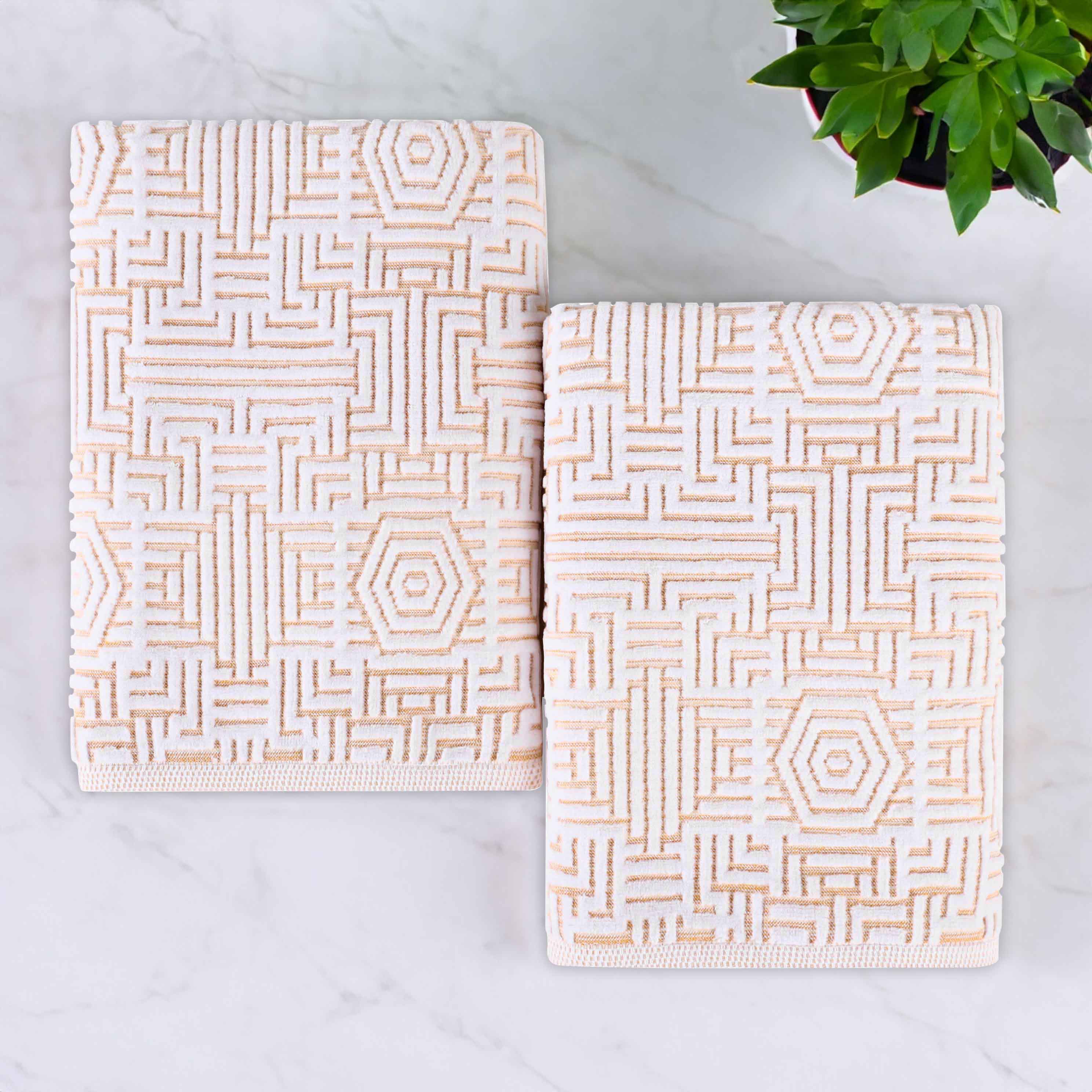 Premium Cotton Modern Geometric Jacquard Plush Absorbent Bath Towel Set of 2 - Ultra Soft & Quick Dry Bath Sheets for Spa, Hotel & Luxury Home Use
