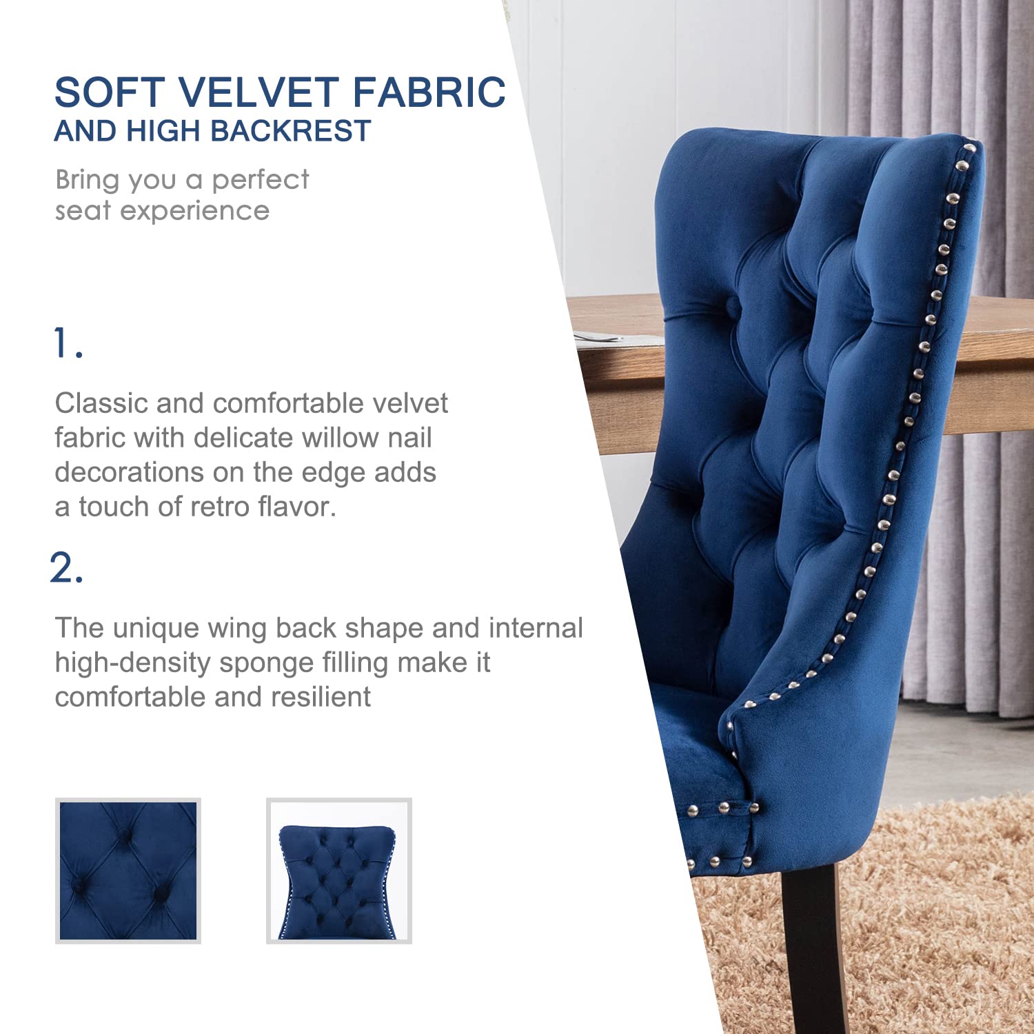 Luxury Velvet Upholstered Dining Chairs Set of 6 - Button Tufted Back with Nailhead Trim - Elegant Blue Velvet Dining Room Chairs for Kitchen, Bedroom, Restaurant - Perfect for Home Decor, Wedding, and Fine Dining