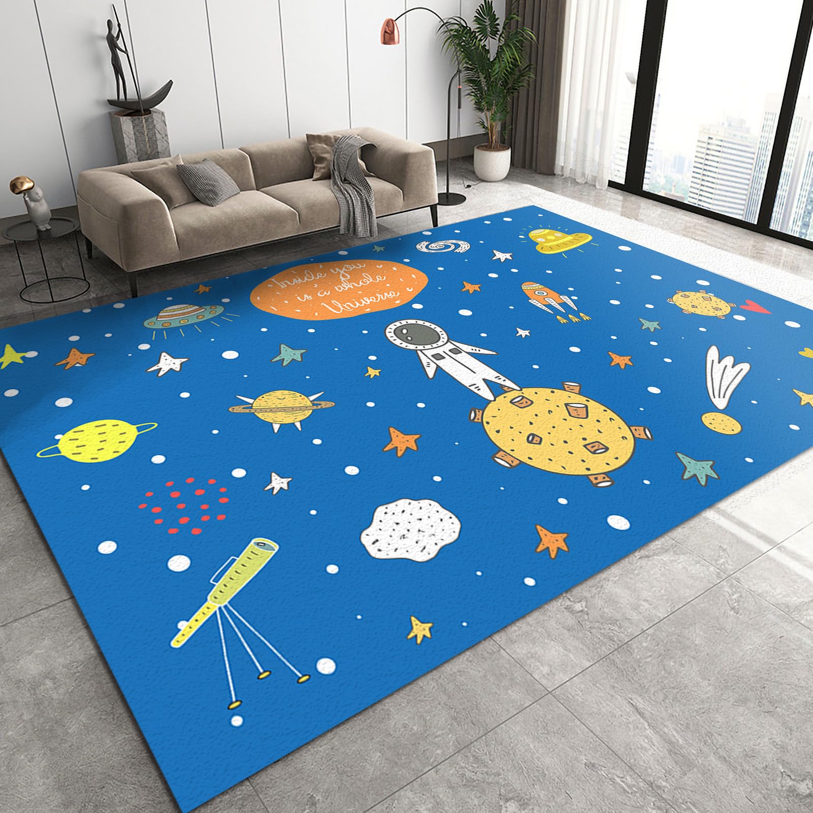 GIRTFU 8x10 Large Fluffy Area Rug for Kids - Space Astronaut Adventure Doodle Print Non-Slip Nursery Rug for Bedroom, Living Room & Playroom | Soft Children's Astronomy Carpet with Anti-Slip Backing for Play Areas & Kids Rooms