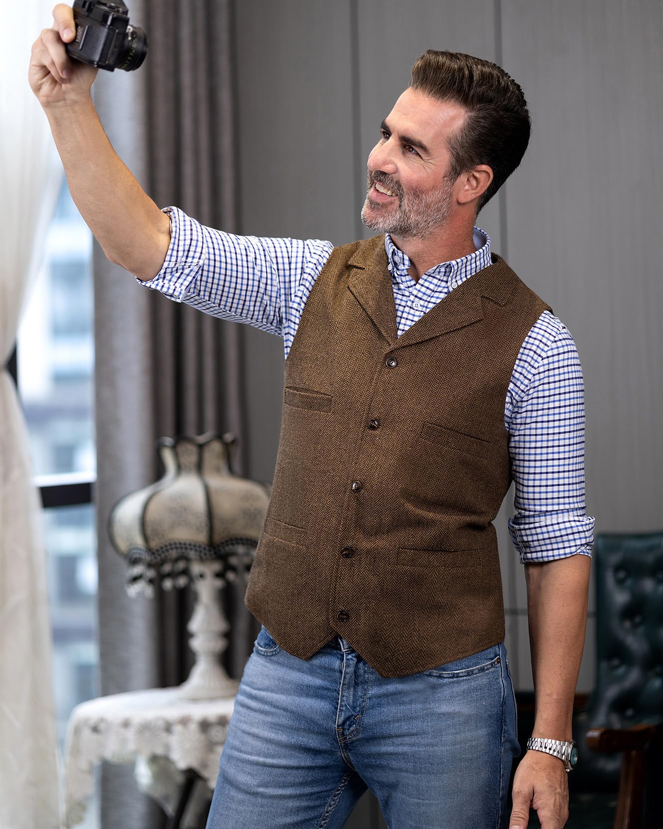 Vintage Men's Tweed Suit Vest - Herringbone Wool Waistcoat for Groomsmen & Formal Occasions | Classic Prom, Wedding & Business Attire