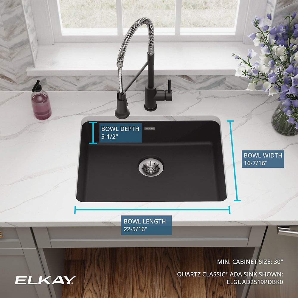 Elkay Quartz Classic Undermount ADA Sink 25 x 18.5 x 5.5 Inch - Perfect Drain, Durable & Stylish for Kitchen & Bathroom Renovations