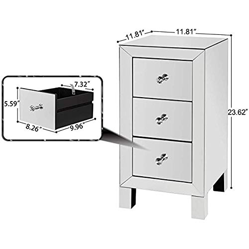 SSLine Modern 3-Drawer Mirrored End Table - Silver Finish Glass Nightstand & Bedside Dresser, Entryway Console Cabinet for Living Room, Bedroom & Hallway