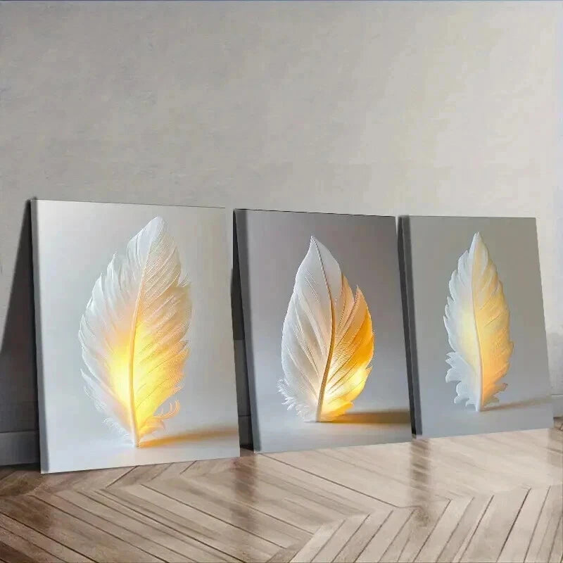3pcs Glow in The Dark Feathers Wall Art Set - Framed Canvas 50x70cm - High Quality Print - 100% Australian Made - Ready to Hang - Perfect for Bedroom, Living Room & Office Decor