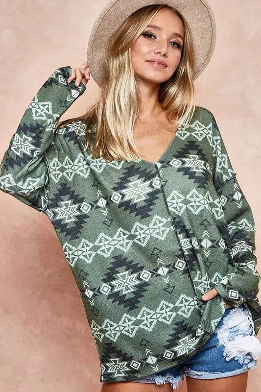 Boho Aztec Print Brushed Out Stitching Detailed Women's Top in Olive Green - Perfect for Casual Outings, Music Festivals & Beach Vacations