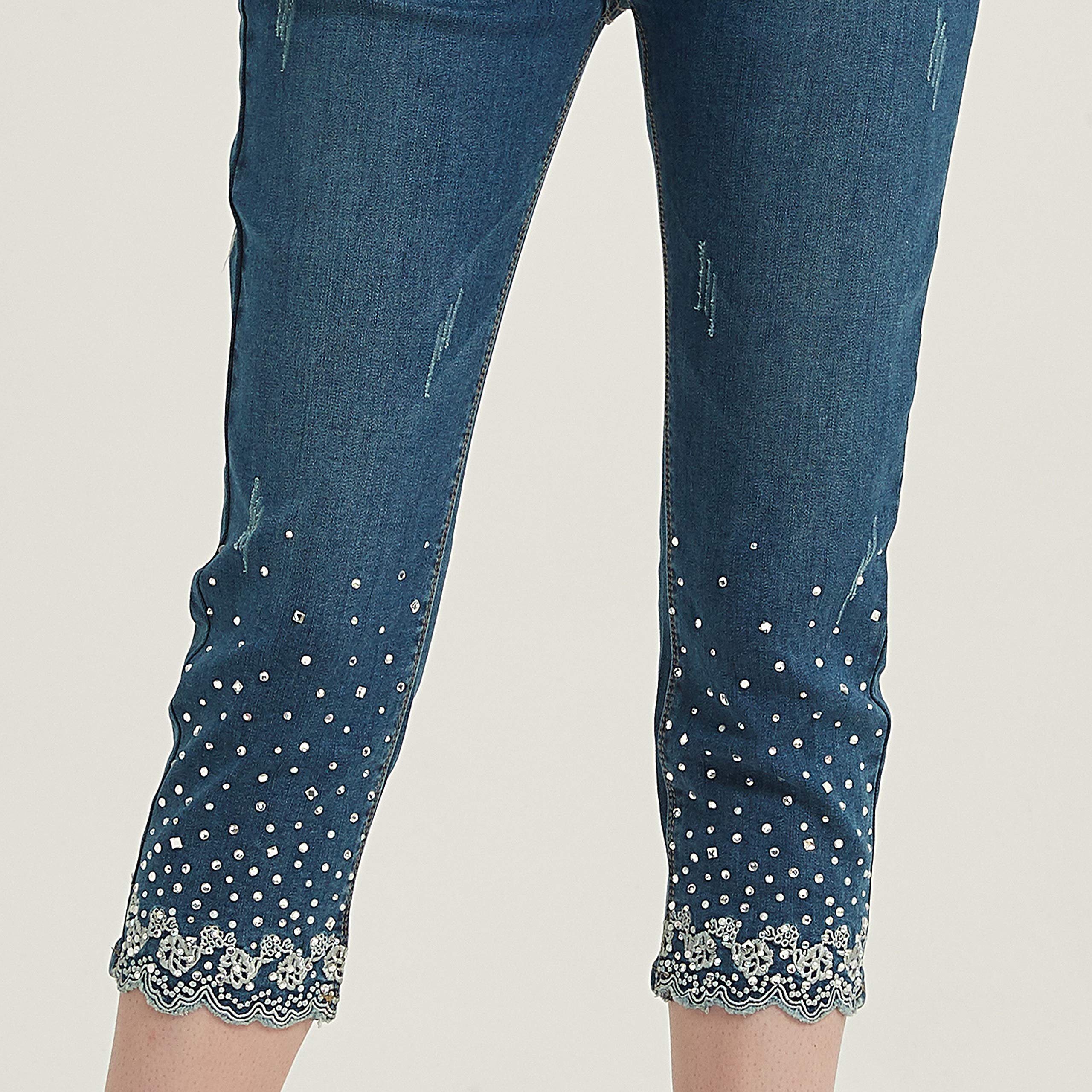 Lisskolo Women's Embroidered Stretch Skinny Capri Jeans - Mid-Rise Cropped Denim Pants for Casual Wear & Summer Outfits
