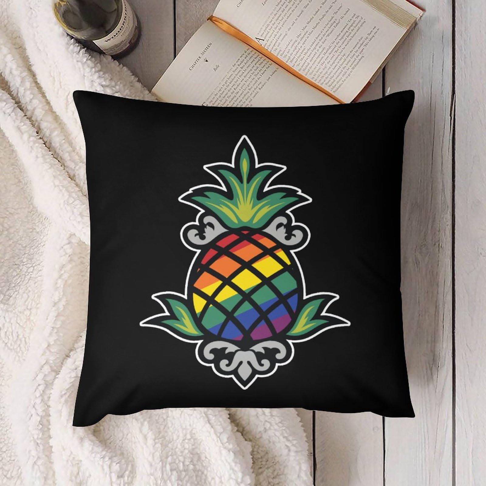 Rainbow Pineapple Plush Pillow Covers - Ultra Soft 12x12 Inch Cushion Covers Set of 4 for Sofa, Bed, Couch - Tropical Home Decor & Cozy Living Room Accessories (Perfect for Beach House, Kids Room, and Summer Themed Decor)