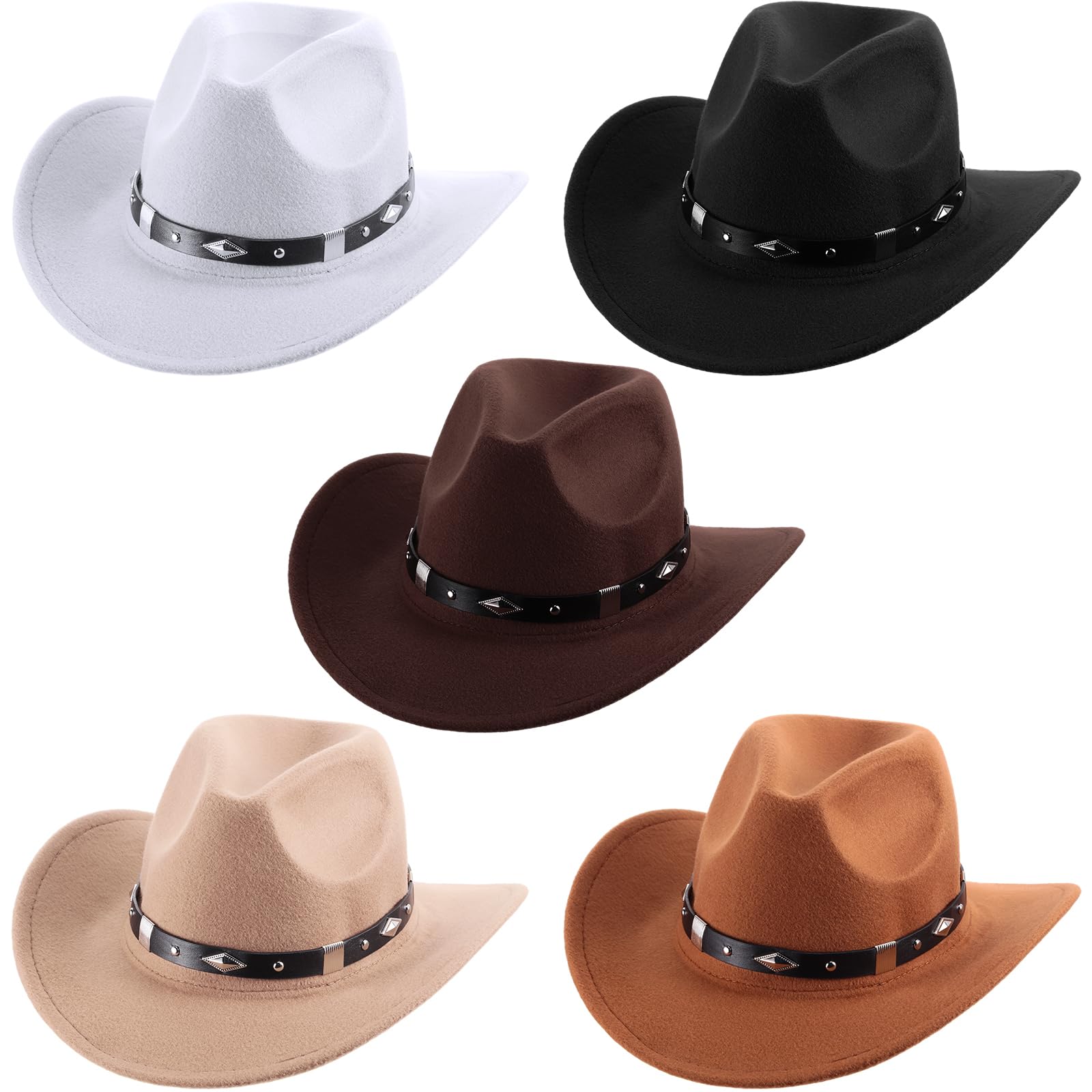 Toulite 5-Pack Classic Western Cowboy Hats for Women & Men - Felt Wide Brim Cowgirl & Cowboy Hats with Belt Buckle - Panama Style Hat for Adults & Kids - Perfect for Rodeo, Halloween, and Western Themed Parties