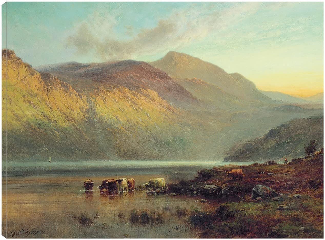 Alfred de Breanski 'A Drink Before Sunset' Fine Art Canvas Print - 43x32 Inch Ready to Hang Wall Decor for Living Room, Bedroom, Office | Sunset Landscape Painting for Home & Commercial Spaces