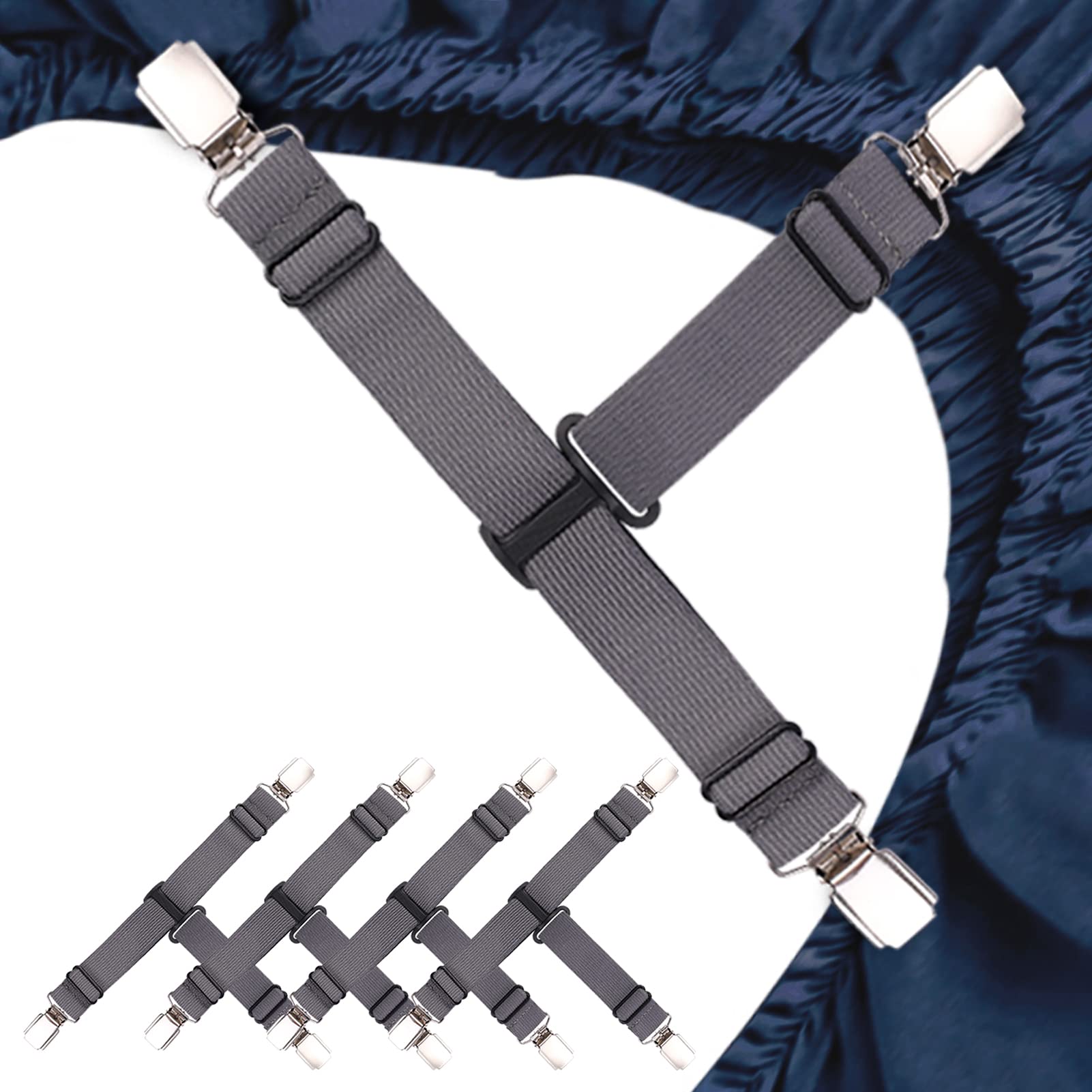 **4-Pack Premium Fitted Sheet Straps - Heavy Duty Bed Sheet Clips for Secure Hold - Grey Sheet Suspenders - Perfect for Deep Pocket Sheets & Adjustable Beds**    *(Ideal for keeping sheets snug on mattresses, preventing slips during sleep, and organizing bedding in homes, hotels, or RVs.)*