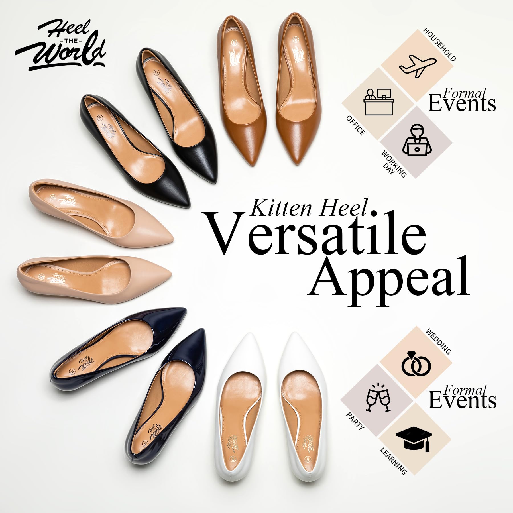 Heel The World Women's Pumps - 2 Inch Kitten Heels in Black, Nude, White, Gold & Brown | Comfortable Work Shoes for Office, Wedding & Special Occasions