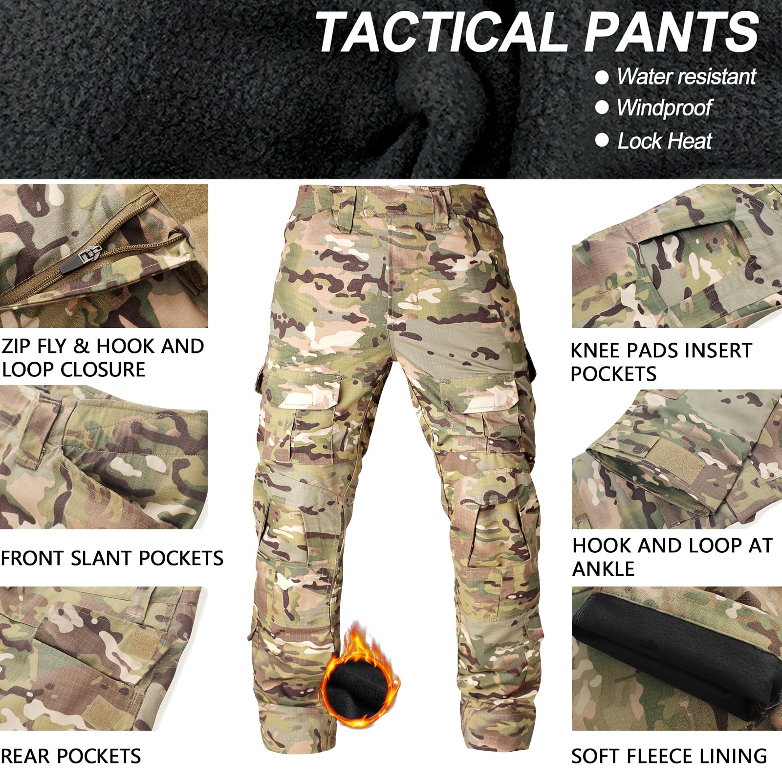 Men's Fleece Lined Tactical Pants - Waterproof Hiking & Winter Work Pants with Thermal Insulation | Outdoor Camping, Hunting & Cold Weather Activities