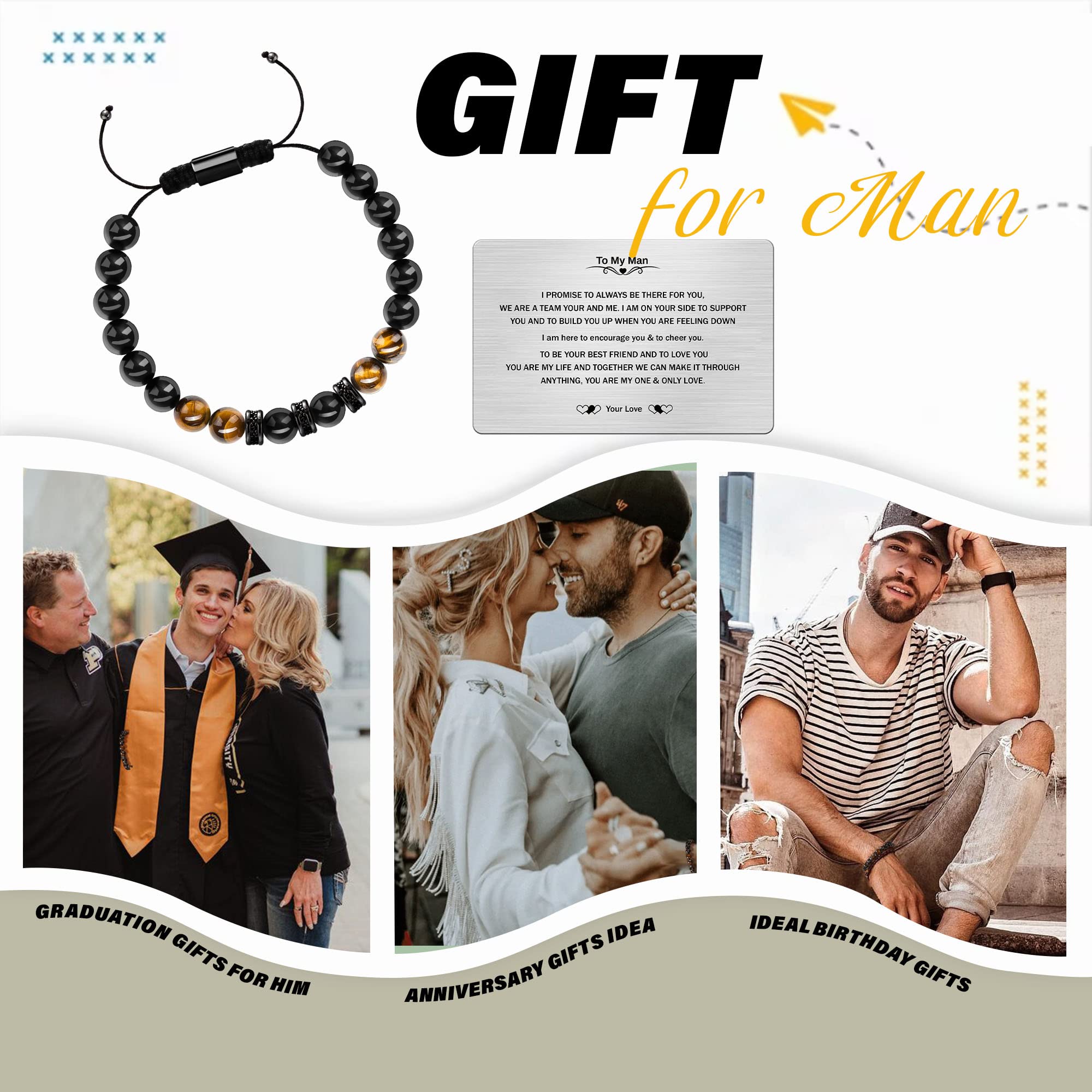 Tiger Eye Beaded Bracelet for Men - Adjustable I Love You Gift for Dad, Anniversary, Birthday