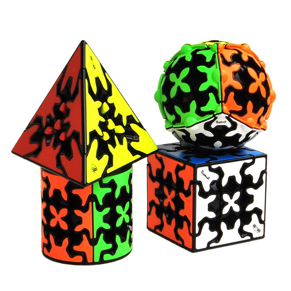 Yealvin 4 Pack Speed Cube Set - 3x3 Gear Cube, Gear Ball, Pyraminx Gear, Cylinder Gear Cube - Brain Teaser Puzzle Toys for Kids & Adults - Perfect for Stress Relief, STEM Learning & Party Games