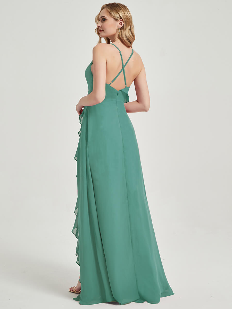 Elegant Criss Cross Straps Ruffles Slit Chiffon Maxi Bridesmaid Dress in Eucalyptus Green - Perfect for Weddings, Formal Events & Evening Parties