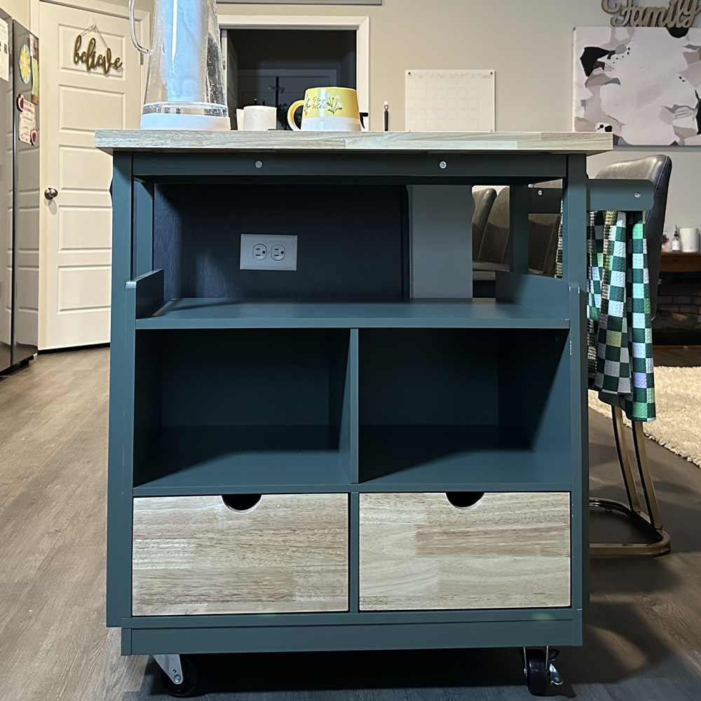 PHI VILLA Solid Rubber Wood Kitchen Island Cart with 2 Drawers & Towel Rack - Mobile Kitchen Organizer for Small Spaces, Green - Perfect for Food Prep, Storage & Extra Counter Space in Apartments