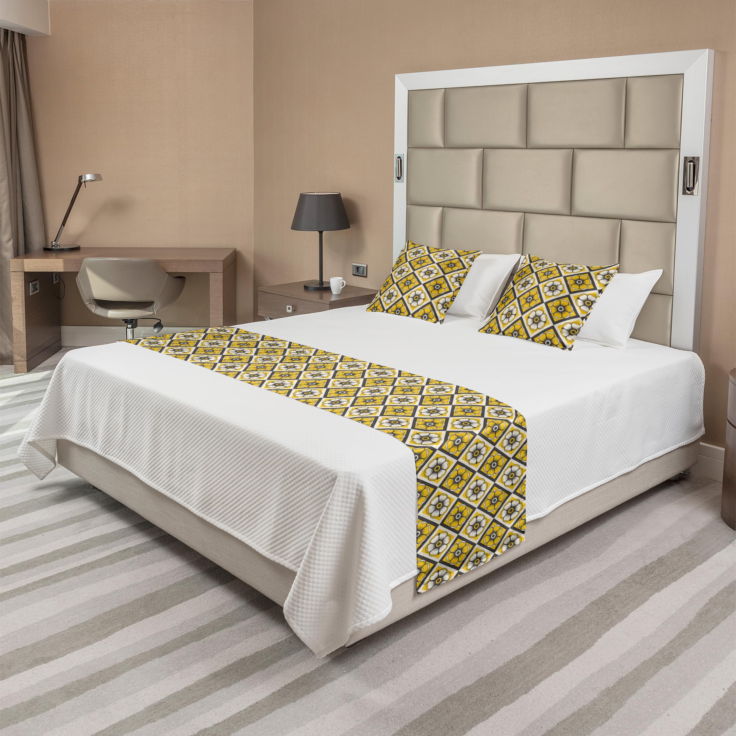 Ambesonne Grey and Yellow Bed Runner Set with Floral Tile Design - Decorative Bed Scarf & 2 Pillow Shams for Hotels & Home Decor - Perfect for Spring Bedroom Makeover