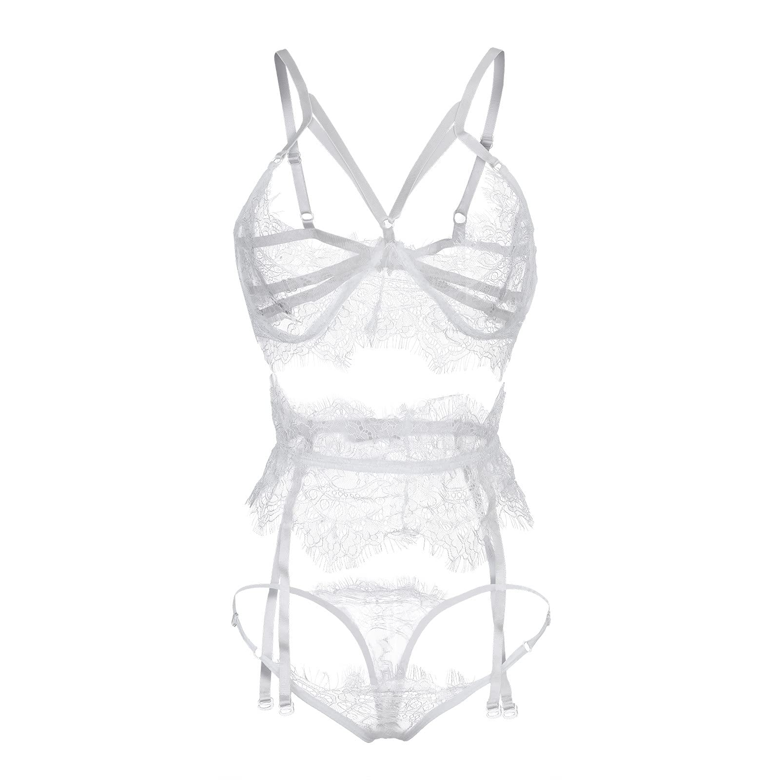 Sexy Lace Sleepwear Set with Garter & G-String - Women's Fashion Lingerie Pajamas for Bedroom, Cosplay & Romantic Nights (White, Size S)