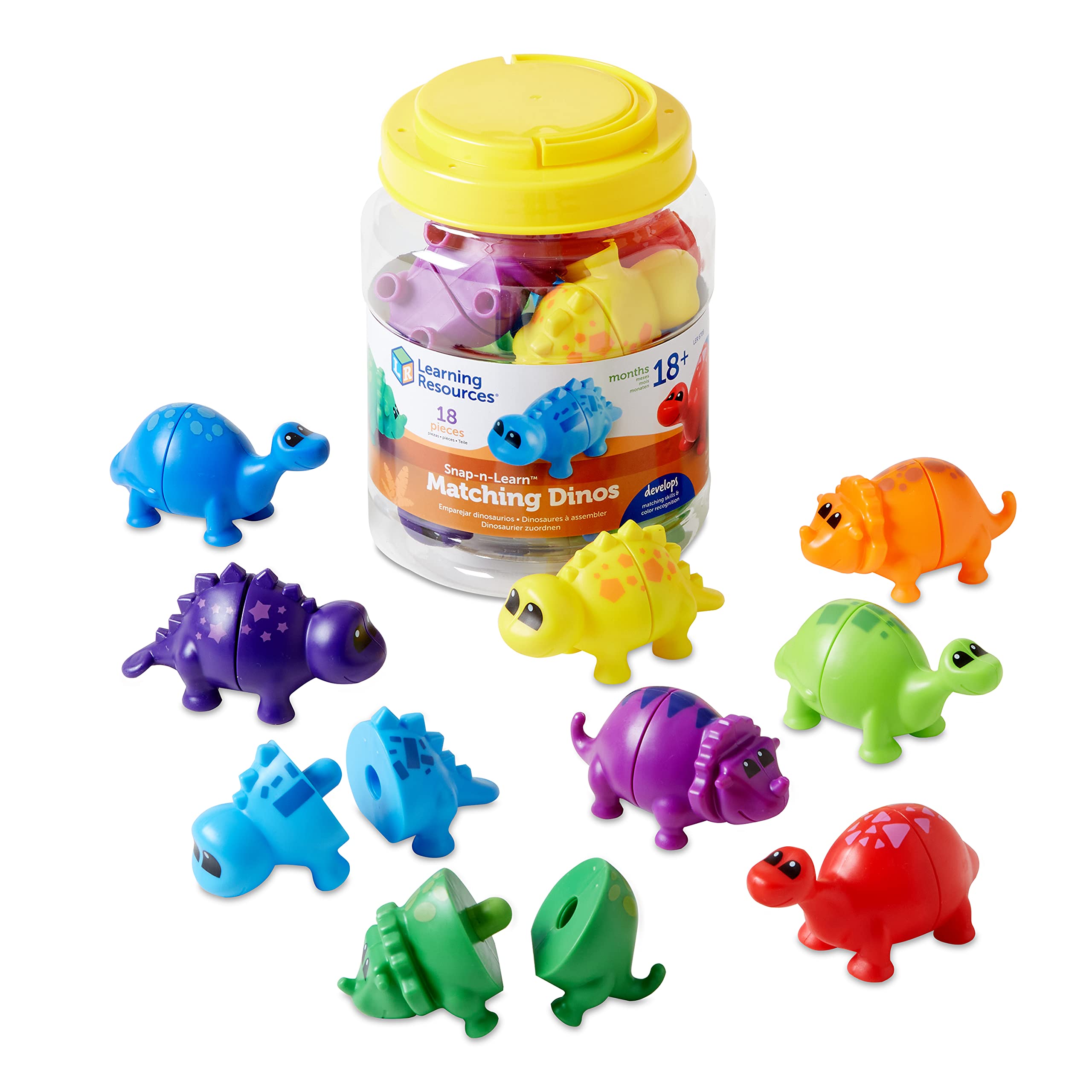 Learning Resources Snap-n-Learn Matching Dinos - 18 Piece Educational Dinosaur Toy Set for Toddlers 18+ Months, Fine Motor Skills Development, Counting & Sorting Activity, Shape Recognition, Sensory Bin Play - Perfect for Preschool Learning & Daycare Activities
