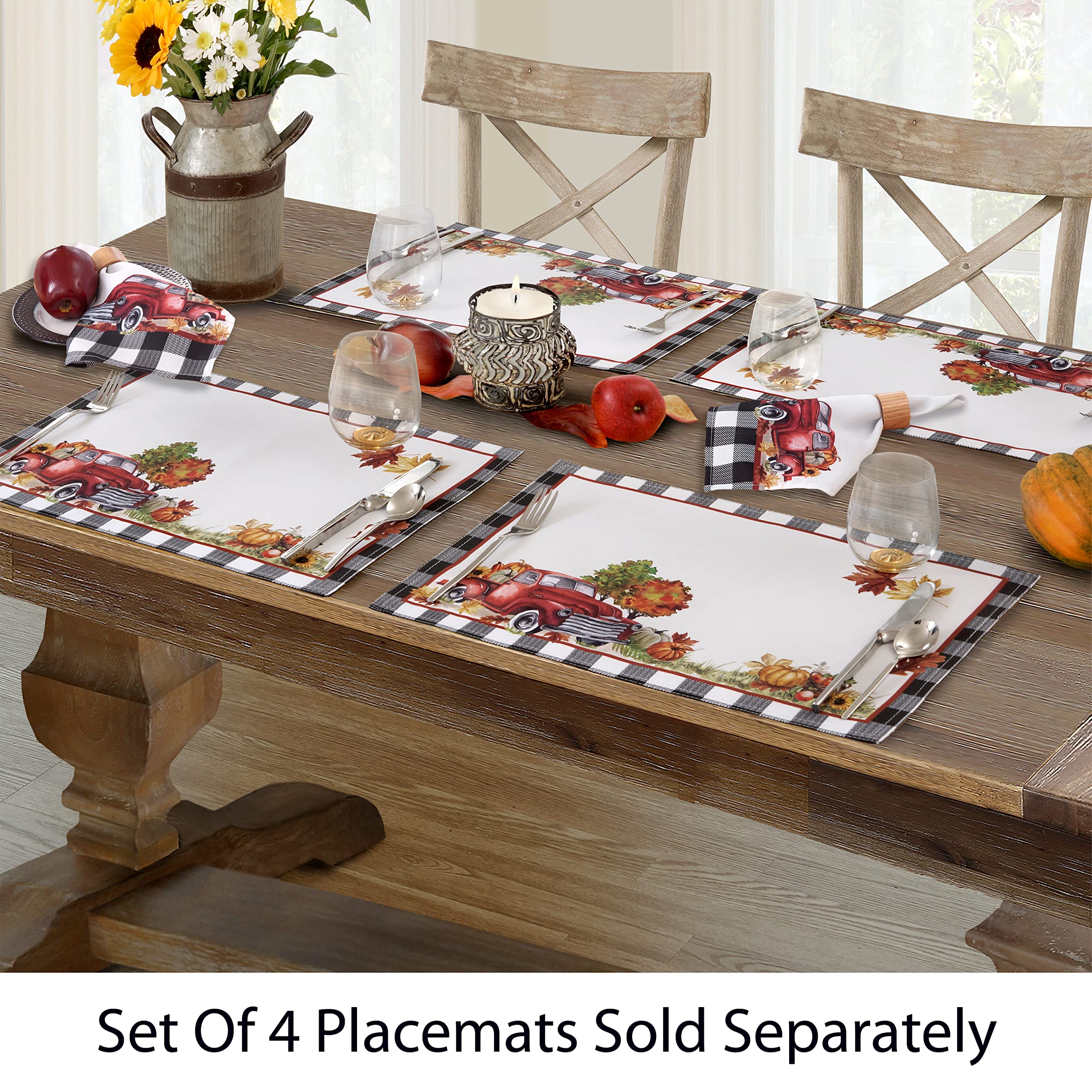 Newbridge Thanksgiving Autumn Farm Truck Gingham Bordered Fabric Placemats - Set of 4 Fall Pumpkin Harvest Barn Print Table Mats - Washable & Durable for Holiday Dinner, Banquet & Home Decor