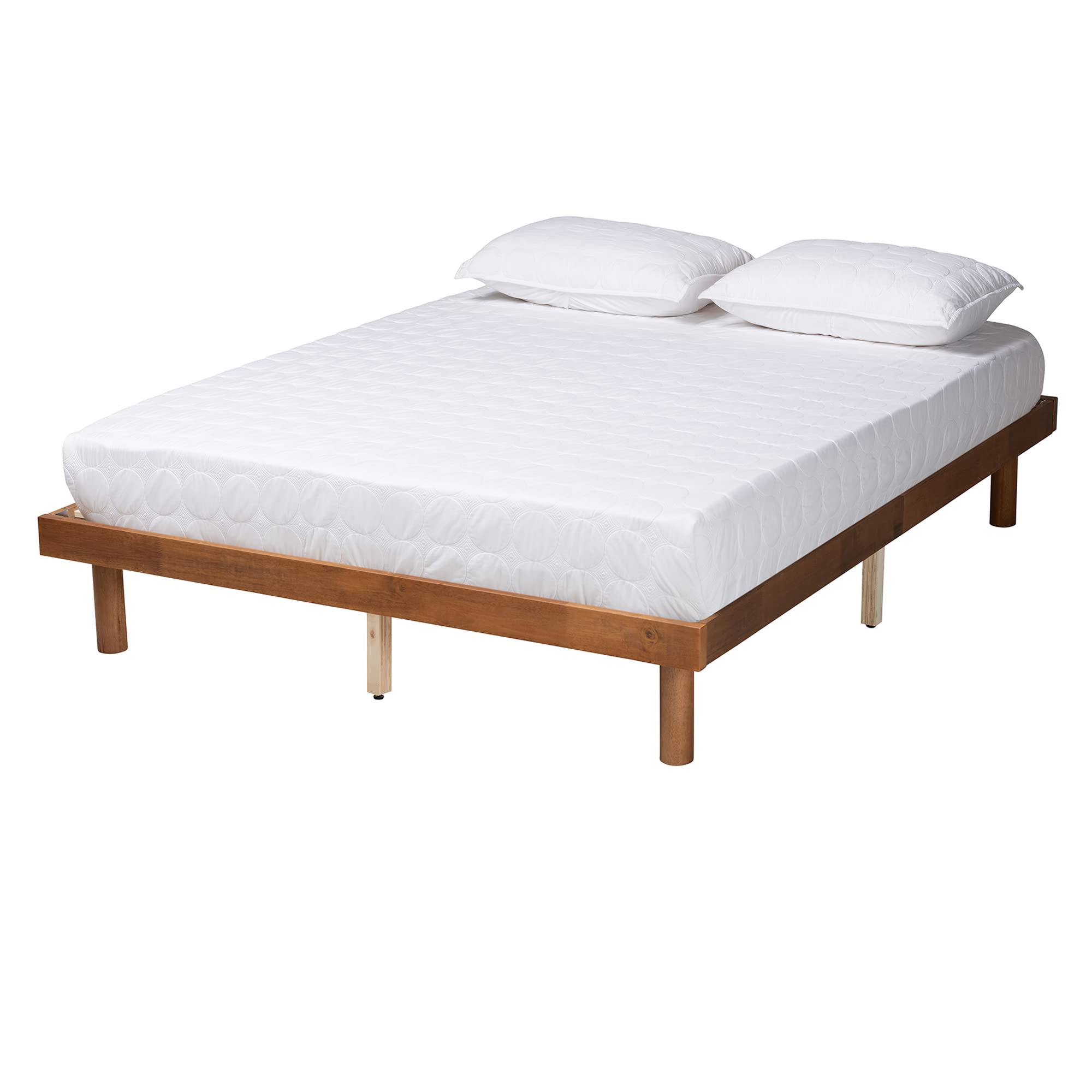 Baxton Studio Winston Queen Bed Frame in Walnut Brown - Solid Wood Platform Bed with Upholstered Headboard for Modern Bedroom Decor