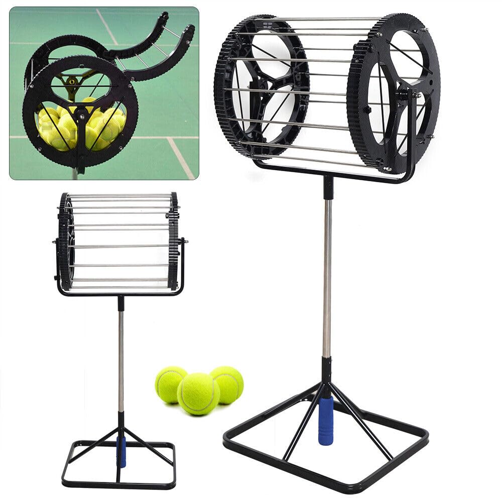 2 in 1 Tennis Ball Picker & Hopper - 55 Large Capacity Stainless Steel Ball Collector with Automatic Rollers - Black Tennis Ball Grabber & Saver Tool for Easy Court Cleanup & Training Sessions