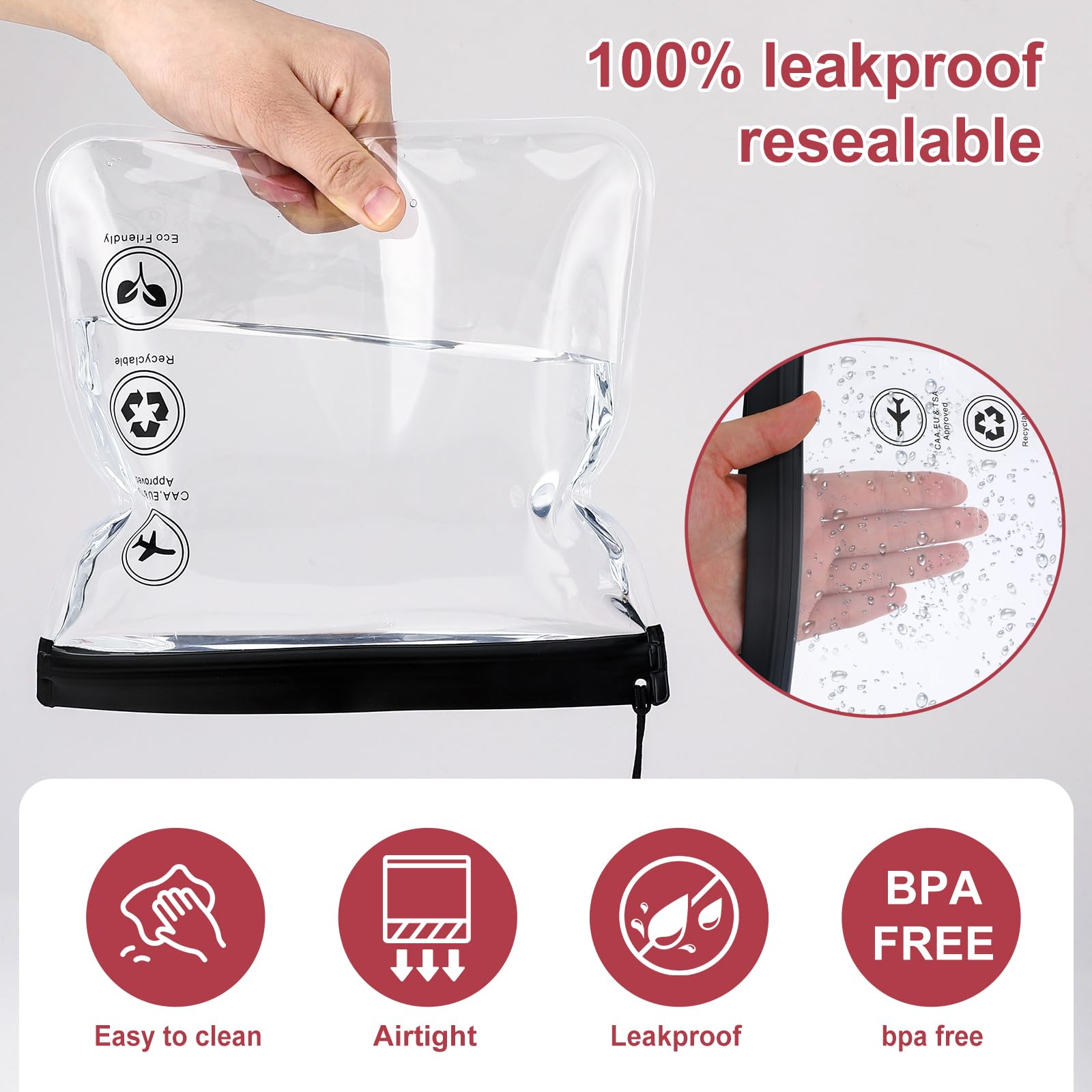 TSA Approved Clear Travel Toiletry Bags - Quart Size Waterproof & Leakproof Cosmetic Organizer for Liquids, Makeup, Shampoo (2 Pack Black) - Perfect for Air Travel, Carry-on Essentials & Vacation Packing