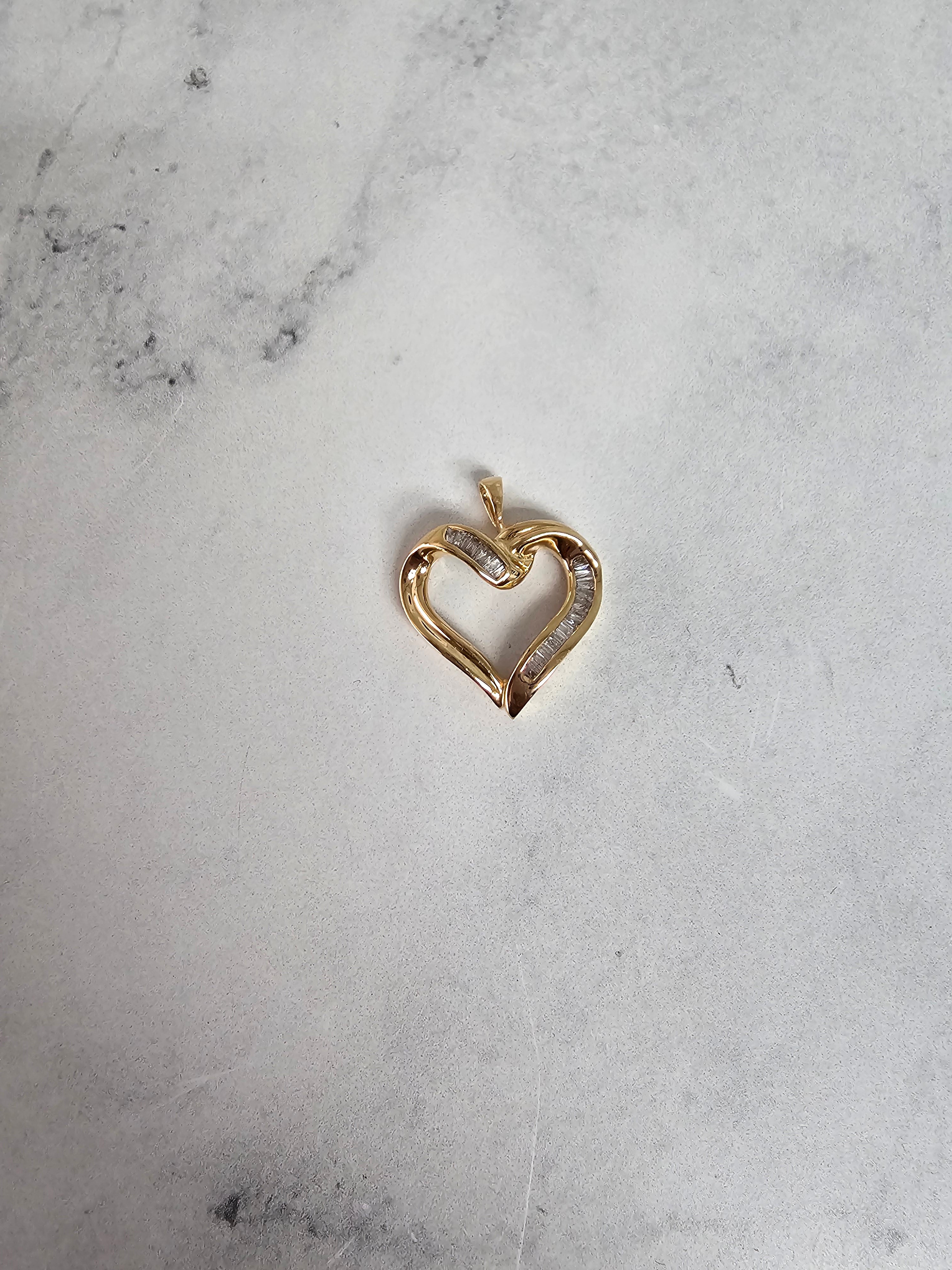 14K Yellow Gold Baguette Heart Shaped Diamond Necklace - Elegant Valentine's Gift for Her, Anniversary Jewelry, Romantic Proposal Present