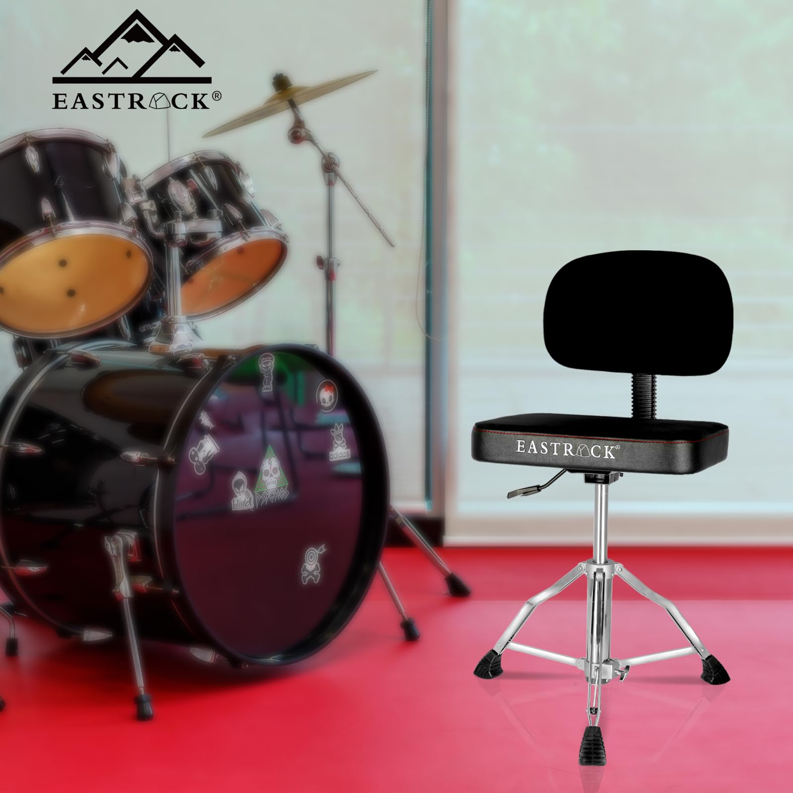 EASTROCK Heavy Duty Adjustable Drum Throne with Backrest - Rotatable & Height Adjustable Square Drum Seat for Drummers - Perfect for Home Studios, Live Performances & Practice Sessions (Square Black)
