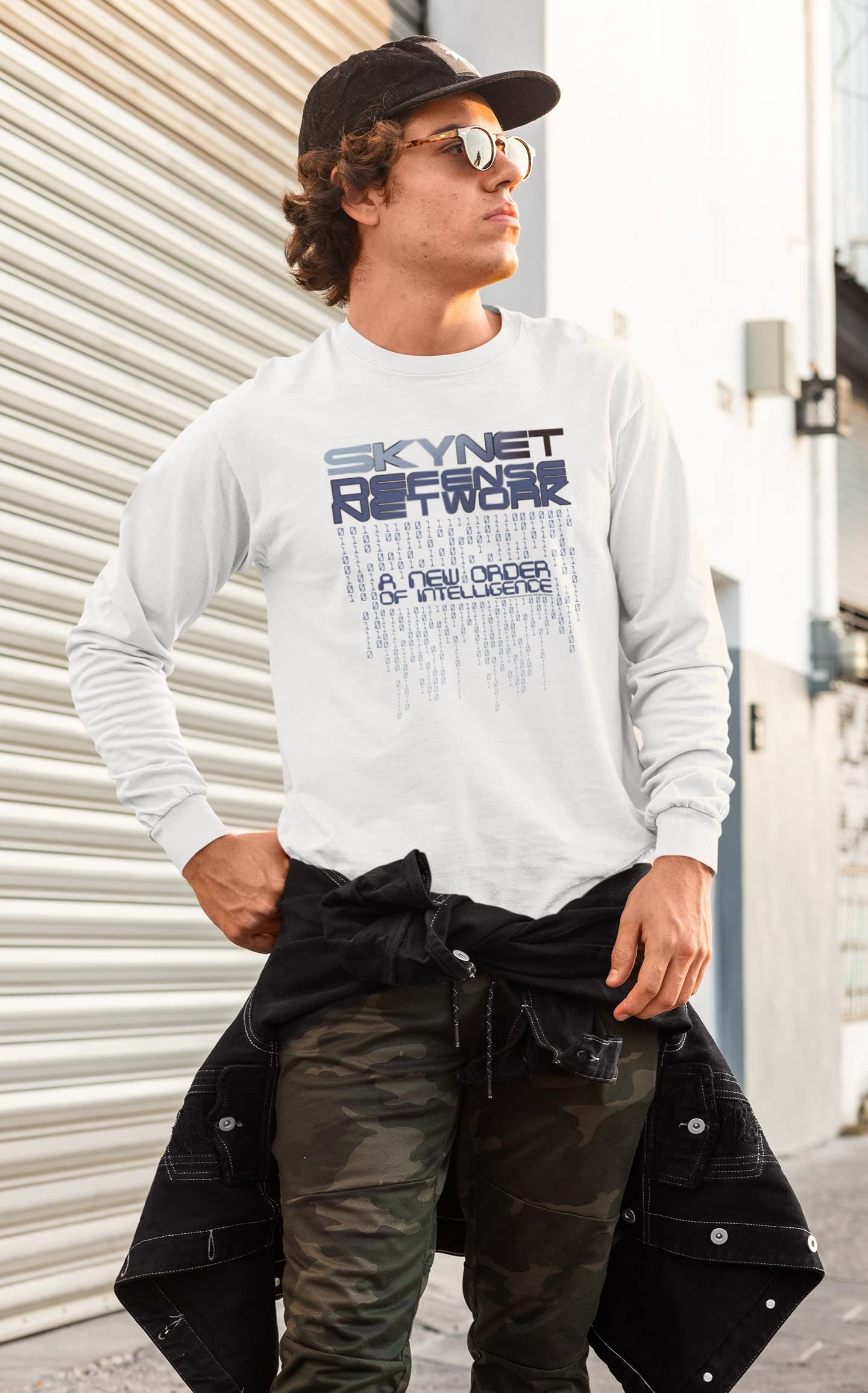 Pop Threads The Terminator Skynet Defense Network Code Graphic Long Sleeve T-Shirt | Vintage Sci-Fi Movie Tee | Casual Wear & Fan Gift