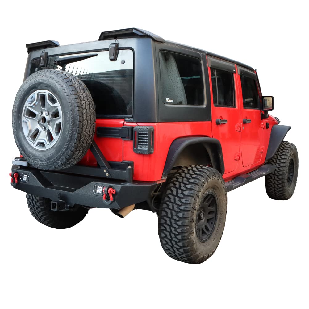 VIJAY Front & Rear Bumper Set for 2007-2017 Jeep Wrangler JK/JKU - Winch Plate, 6x24W LED Lights, 4x4.75T D-Rings, Hitch Receiver & Spare Tire Rack - Off-Road Adventure & Heavy-Duty Protection