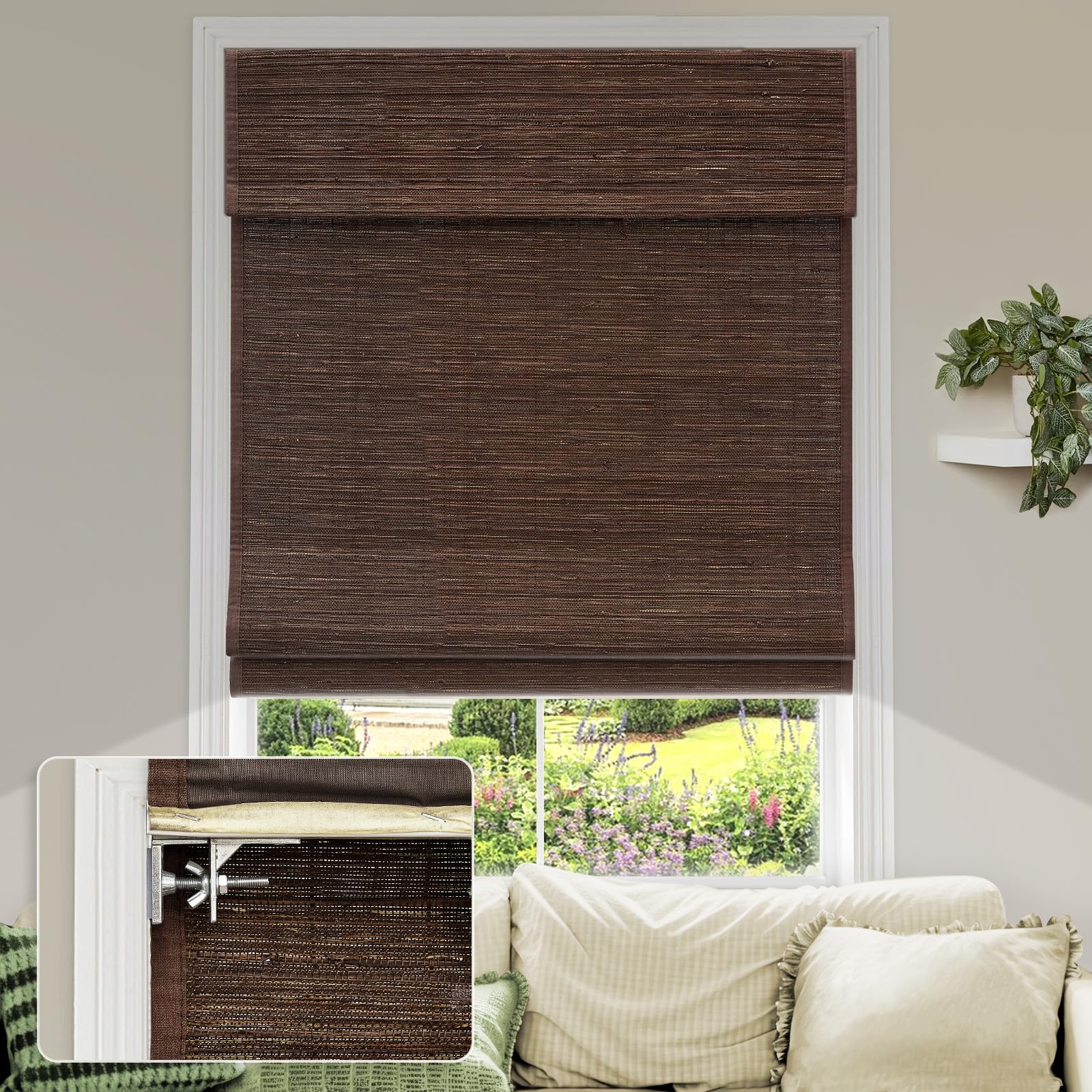 No Drill Cordless Roman Shades - Blackout Window Blinds with Natural Linen Fabric for Privacy - Easy Installation No Tools Needed - Perfect for Bedroom, Kitchen & Living Room (Belgian Chocolate, 30.5