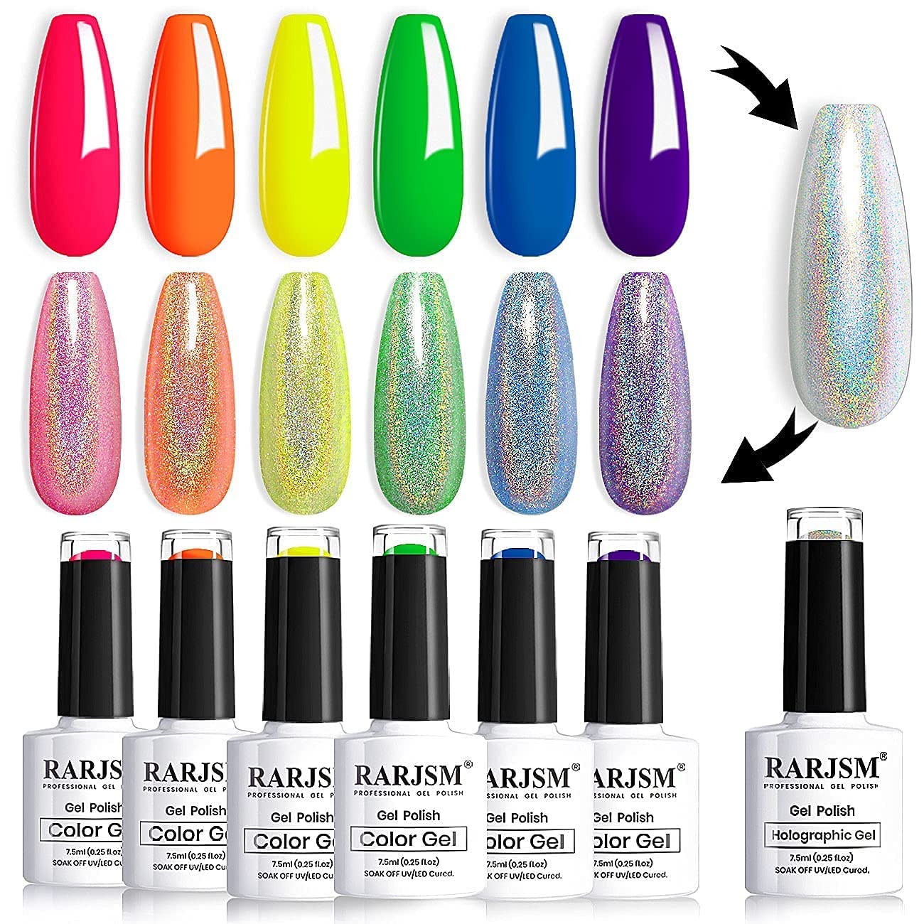 7PCS Neon Gel Nail Polish Set - Holographic Silver Glitter & Iridescent Colors (Green, Yellow, Orange, Pink, Red) - UV/LED Curing Required - Perfect for Nail Art, Salon, Parties & Special Occasions