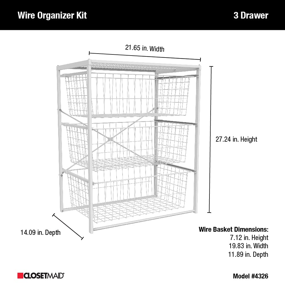 ClosetMaid 3-Tier Wire Basket Drawer Organizer - Steel Storage Shelf for Pantry, Closet & Laundry Room - Easy Assembly White Space Saver - Perfect for Bedroom, Bathroom & Kitchen Organization