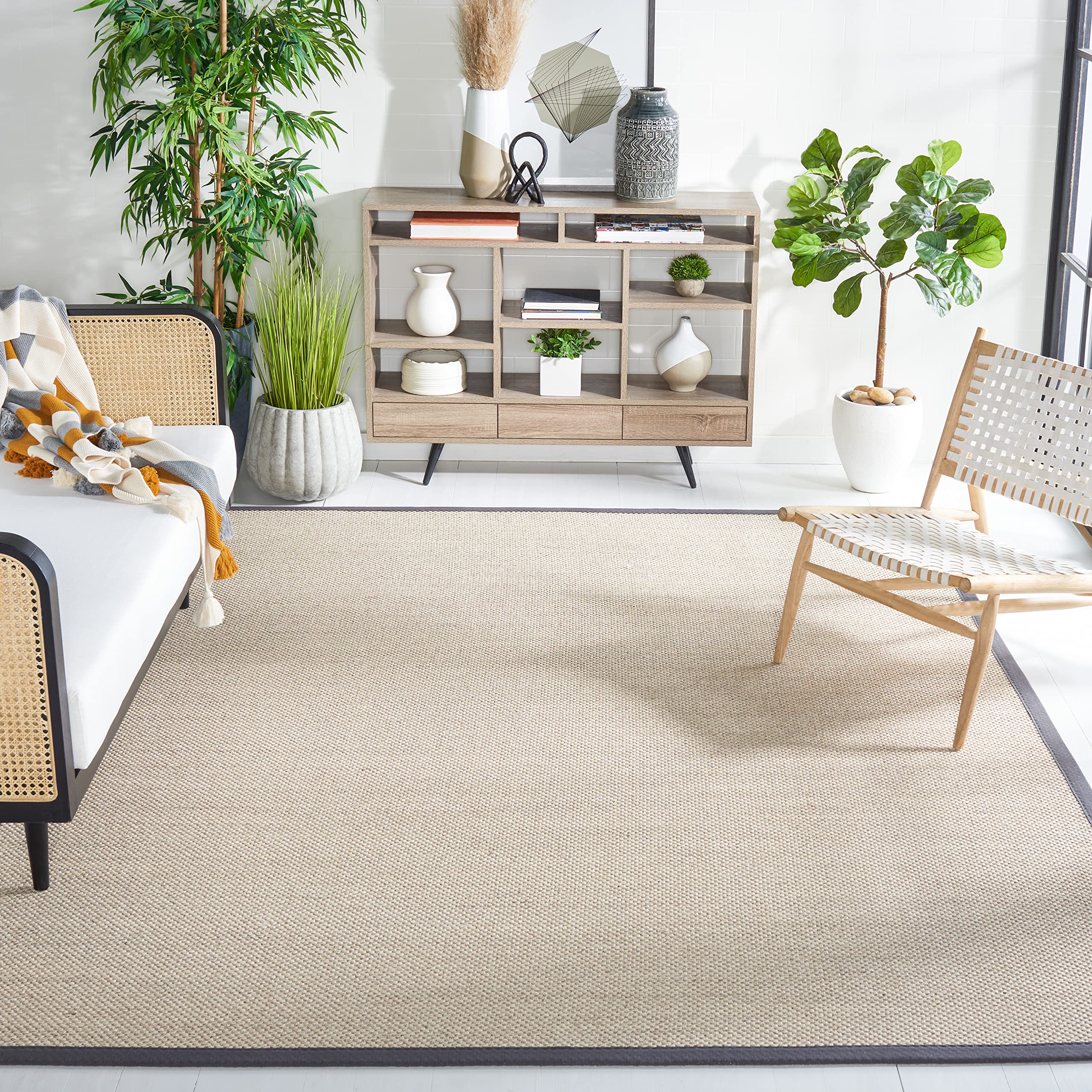 SAFAVIEH Natural Fiber Collection 8' x 10' Area Rug - Marble & Black Sisal Border Design | Easy Care, Durable for High Traffic | Perfect for Living Room, Bedroom & Office | NF143A