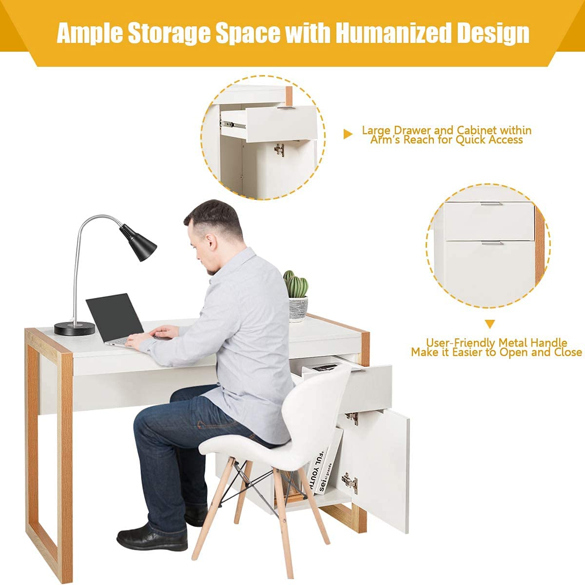 Topment 44 Inch Modern Writing Desk with Drawer - Sturdy Study Desk, Makeup Vanity Table with Storage Cabinet - Classic Simple Style Laptop Workstation for Home Office, Bedroom, Living Room or Study - Easy Assembly (Perfect for Remote Work, Online Classes & Home Beauty Routine)