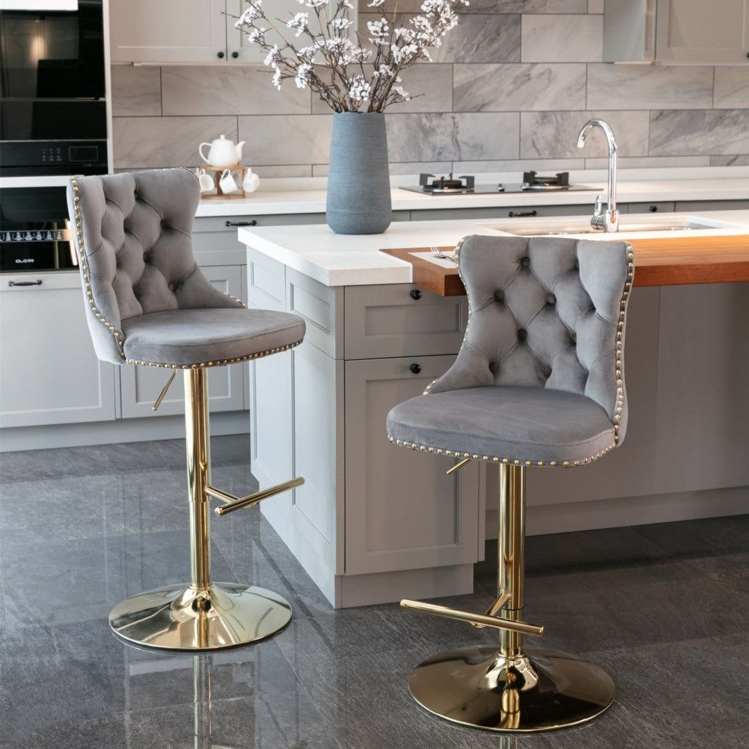 Adjustable Height Swivel Bar Stool with Footrest - Velvet Upholstery, Studded Design & Golden Base (Grey) - Perfect for Kitchen Islands, Home Bars & Dining Counter Stools