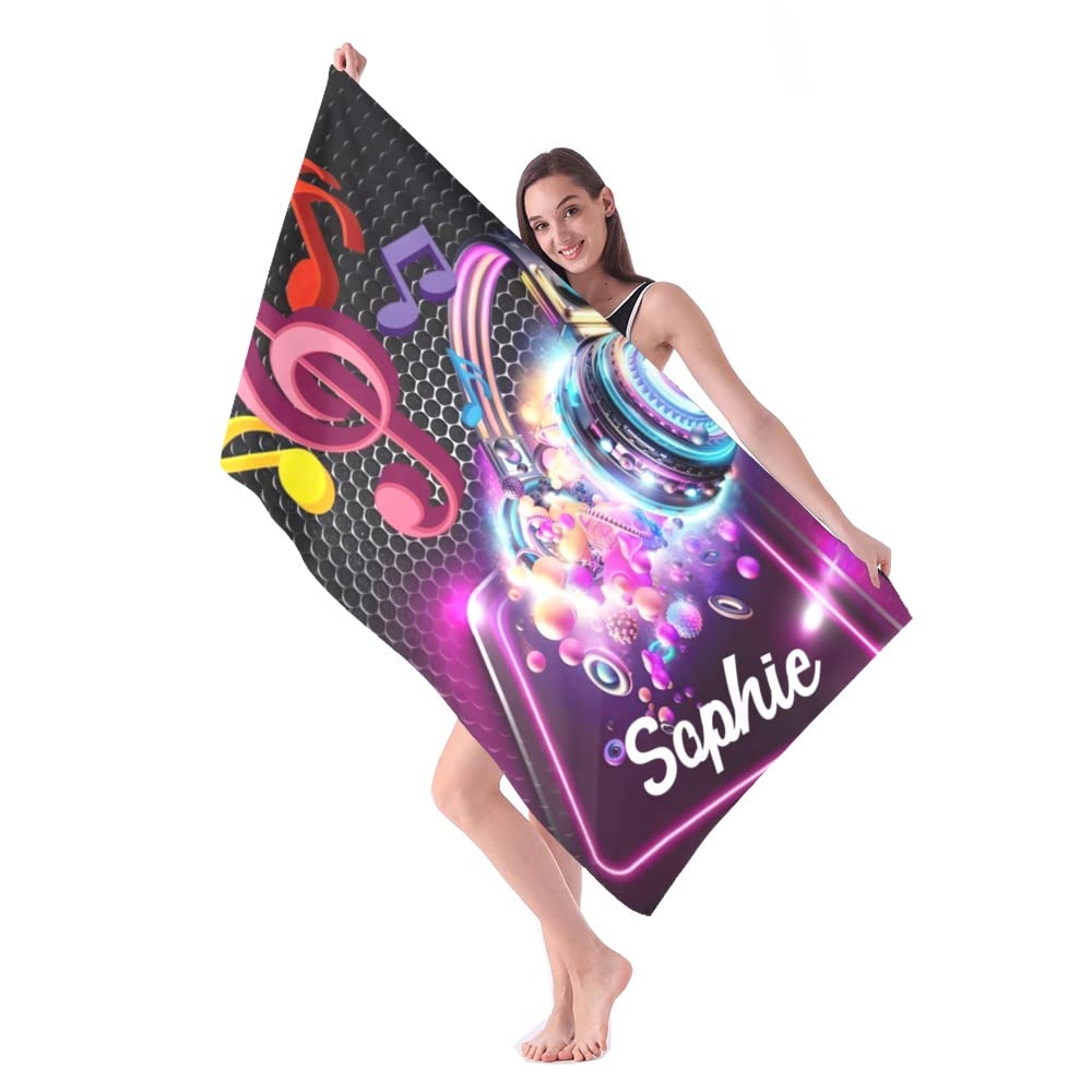 Custom Personalized Beach Towels with Name - Funny Music Note Design - Quick Dry Absorbent Microfiber - Sand Proof Pool Bath Towel for Kids, Girls, Boys & Adults (30x60 inches) - Perfect for Beach, Pool, Gym, Travel & Outdoor Activities