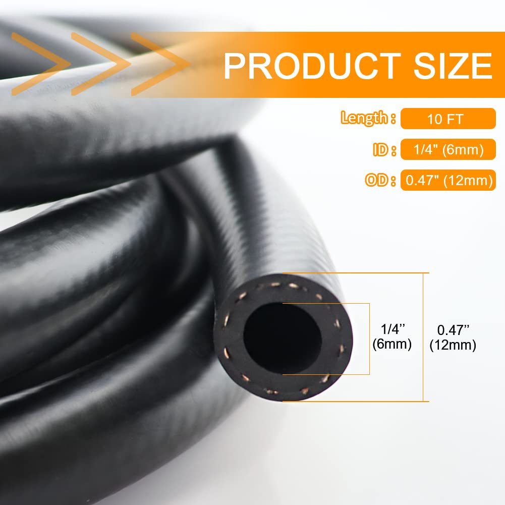 1/4 Inch ID NBR Fuel Line Hose - 4AN Rubber Push-On Fuel Hose for Small Engines (10 Feet) - Compatible with Lawn Mowers, Generators & Power Equipment