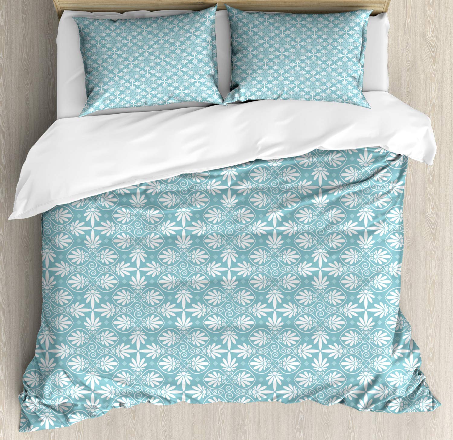 Ambesonne Classic Greek Floral Damask Duvet Cover Set - Queen Size 3-Piece Bedding with 2 Pillow Shams in Pale Slate Blue & White | Geometric Swirl Pattern for Master Bedroom, Guest Room & Luxury Home Decor